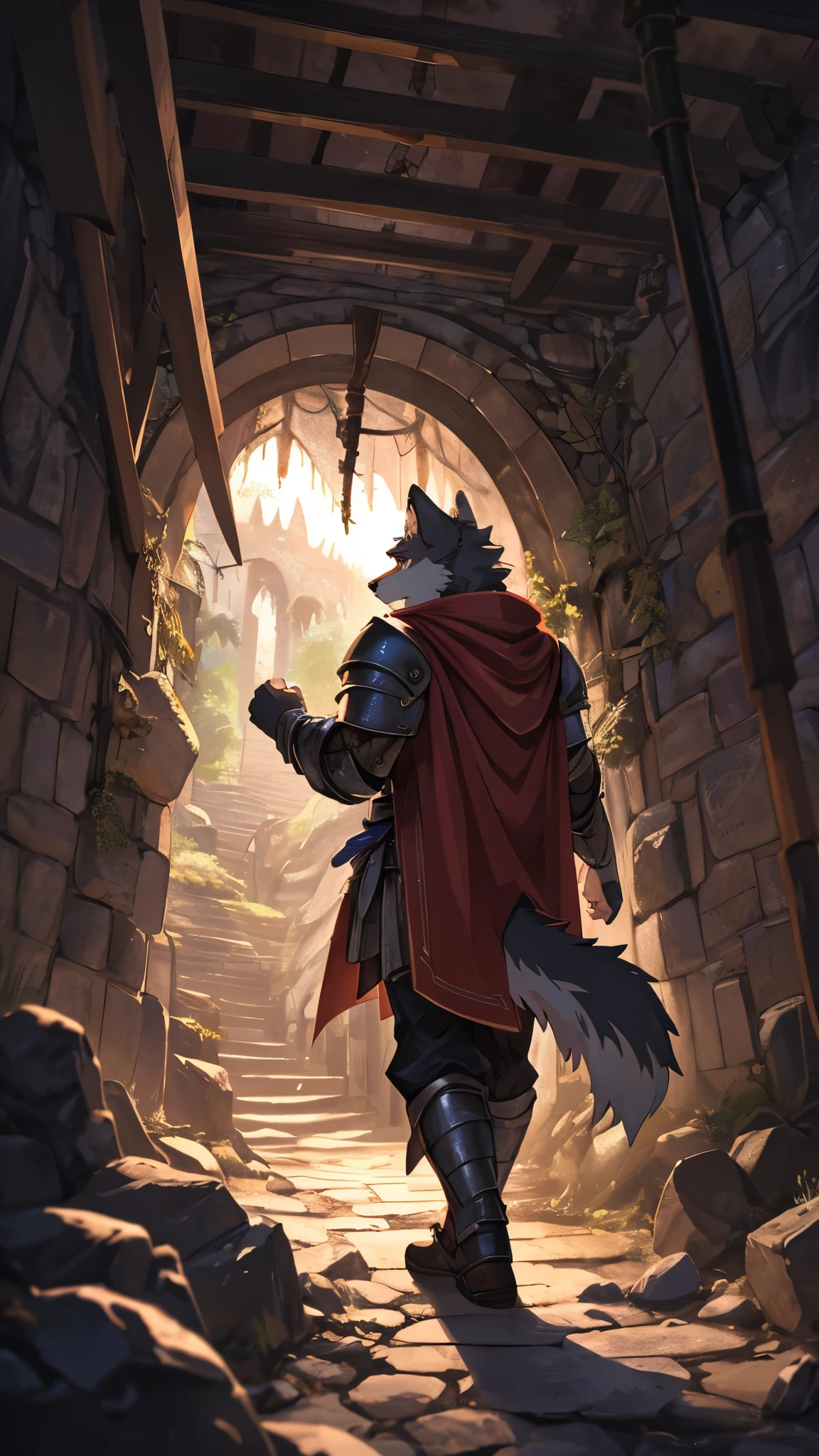 Anthro((dramatic))epic, dynamic pose, One scene of movie, An extreme perspective with a powerful composition, absurdres, Perfect Anatomy, magnificent picture of kemono fighting fierce battles, (ultra detailed), sharp focus, niji, eyesgod, black eye, furry, light-white fur, brown fur, white beard, anthro (wolf), male, middle-aged, gray body, white belly, tail, muscular, knight costume, long red cherry cloak, ultra detailed face, depth of field, motion blur, high details, high quality, award winning, HD, 16k, (best quality,4k,8k,highres,masterpiece:1.2),ultra-detailed,realistic:1.37,HDR,UHD,studio lighting,extreme detail description,professional,vivid colors,bokeh,lively atmosphere, natural lighting, (back show:1), exploring dungeon, (afraid:1.2), (solo:1.2), ((hidden underground lair :1.3)), cold-tense atmosphere,  (flickers light torch:0.2), (puddle scattered on the ground:0.5), damp and mossy wall, wide view, soft color tones, (vibrant colors), (subtle lighting), (natural, realistic)