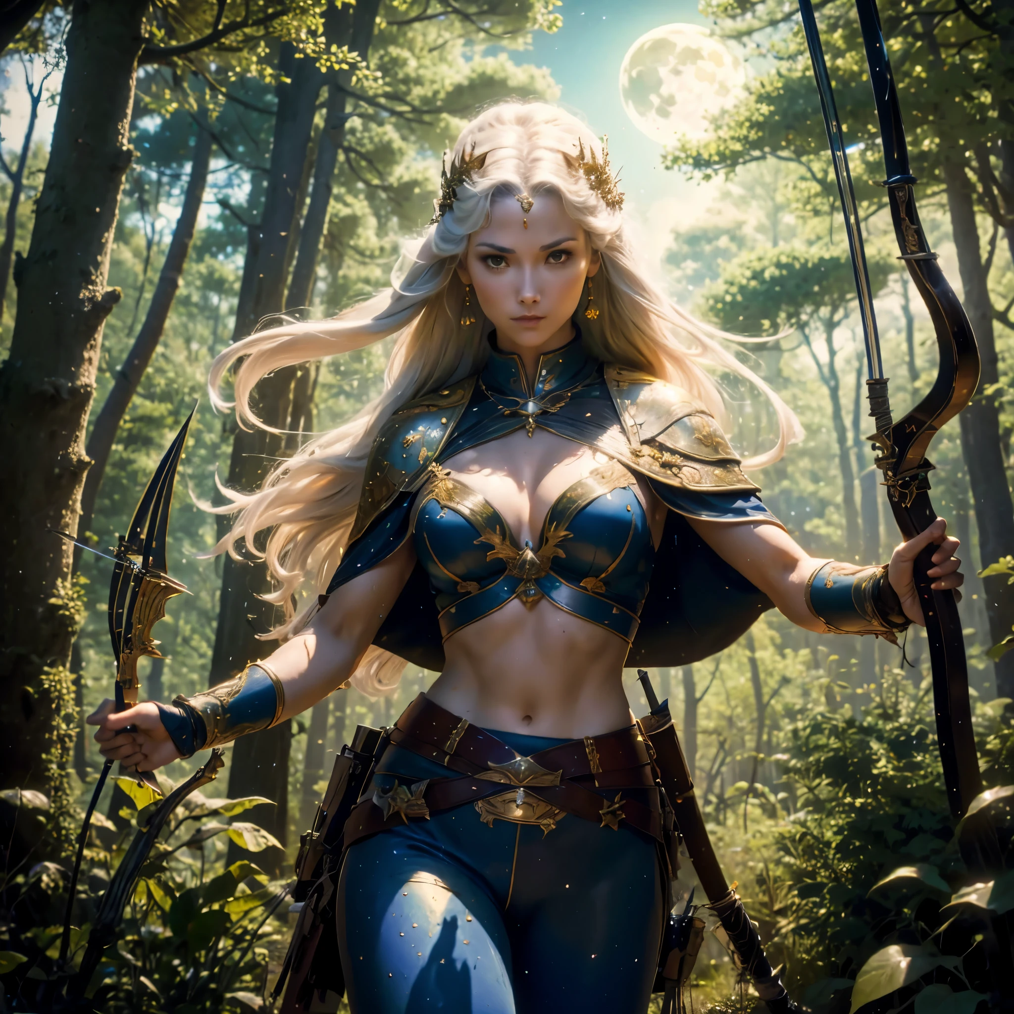 (best quality,4k,8k,highres,masterpiece:1.2),ultra-detailed, 1woman, Greek goddess Artemis, Kate Jackson, Mediterranean features and skin tone, Athletic build, wearing trousers, wide feminine hips, White hair. in the woods at night, night time, bathed in pale blue moonlight, moon, wielding a bow, wearing a quiver of arrows, on the hunt, dressed for hunting, drawn in the style of Yoshitaka Amano, HDR, 8k, absurdres, cinestill 800, sharp focus