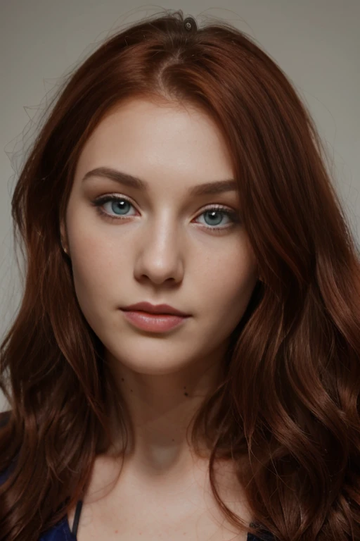 23 year old Swedish female, dyed red hair, medium length extremely curly layered hairstyle, bright blue eyes, high cheek bones, defined jawline, pale skin tone, brown bushie eye brows, long eyelashes, narrow nose, shot on a Canon EOS R6 Mark II camera, eye level, head shot