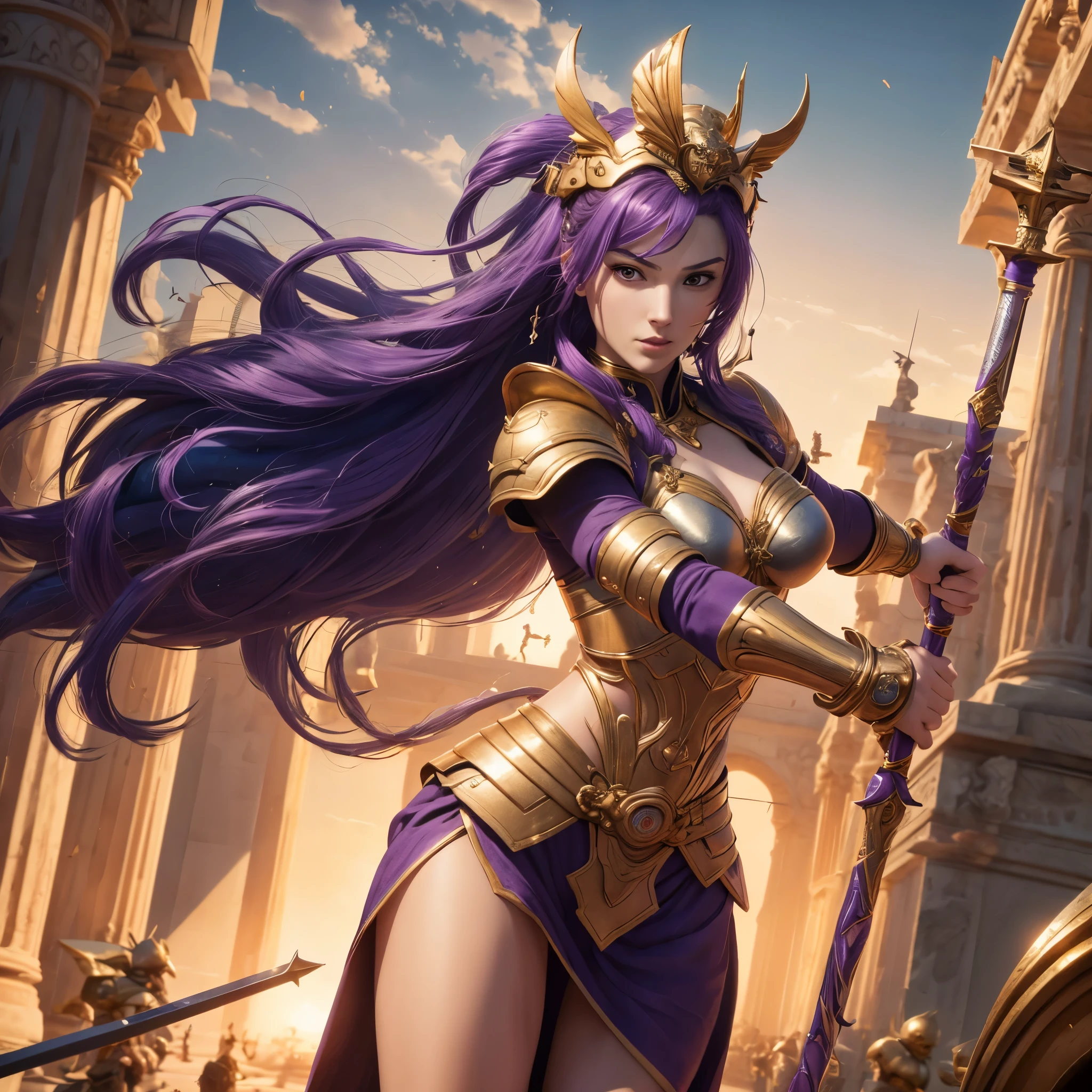 (best quality,4k,8k,highres,masterpiece:1.2),ultra-detailed, 1woman, Greek goddess Athena, g4lg4d0t-v2
purple hair, wearing golden hoplite armor with helmet, attacking pose, wielding a spear, looking at the viewer, wise, impressive, seductive eyes, in front of the Parthenon, drawn in the style of Yoshitaka Amano, HDR, 8k, absurdres, cinestill 800, sharp focus