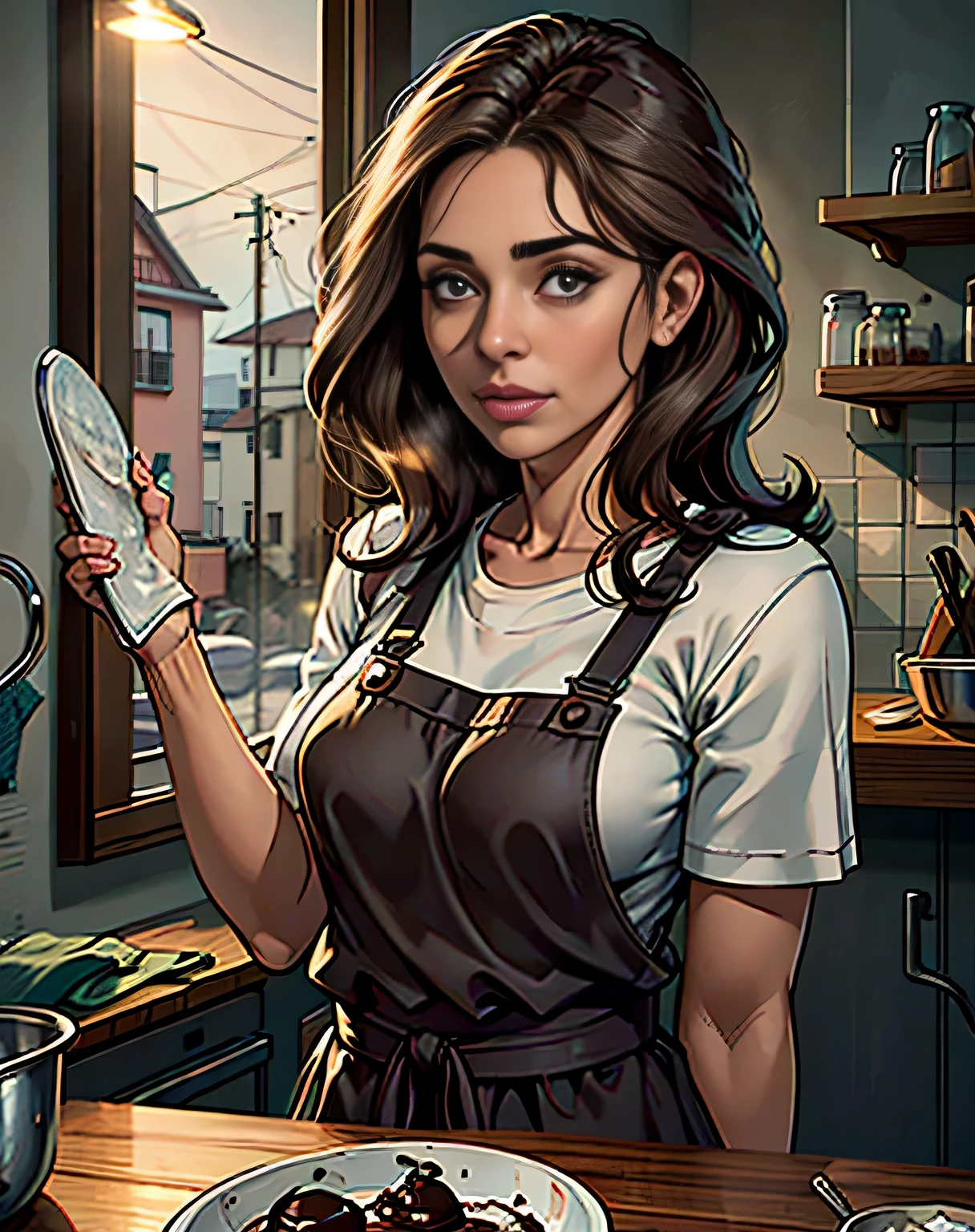 (melhor qualidade, realista), 40 anos, 1 , olhos detalhados, Detailed lips, cabelo cor de chocolate ondulado, cozinha, WASHING DISHES, usando roupas curtas, ambiente aconchegante, soft lighting, Ambiente tranquilo