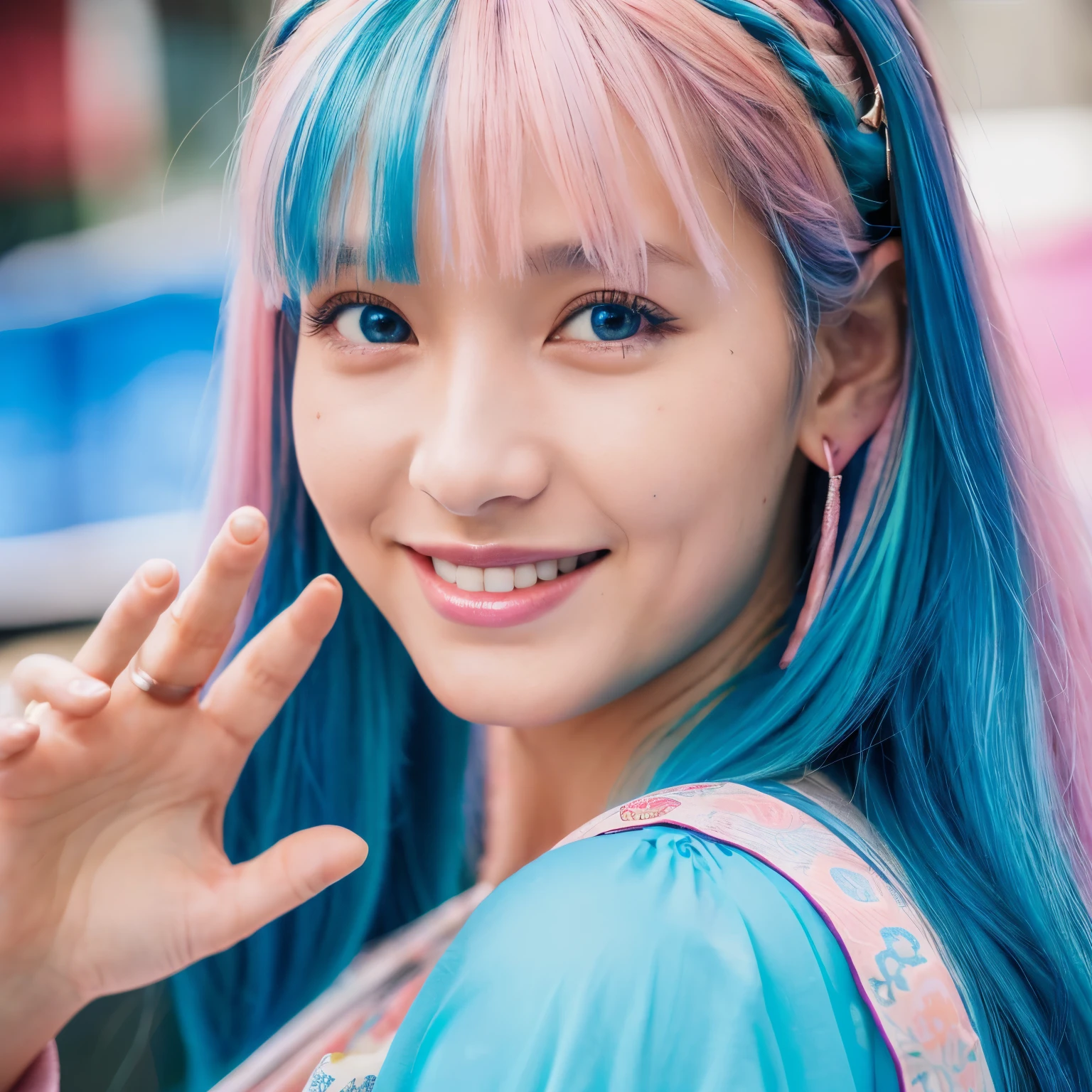 (masterpiece), (((highest quality)), (super detailed), 1 girl, (iridescent hair, colorful hair, half blue and half pink hair: 1.2), 30 years old, (yukata: 1.2), outdoor, bangs, smile, sky blue eyes, perfect hands, perfect hands, hand details, corrected fingers, big breast. Earrings, Night Store + Background, looking_at_viewer, Cowboy Shot, Top Quality, Rich Detail, Perfect Image Quality,