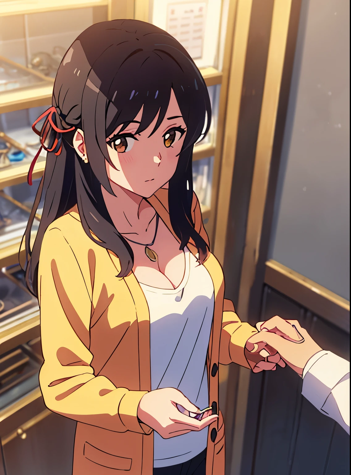 shinkai makoto, kimi no na wa., 1girl, bangs, black hair, brown eyes, twisted half up, red ribbon, long hair, long sleeve light yellow cardigan, open shirt, yellow shirt, cleavage, breast, medium breast, Orange shirt, name tag written "LUMINE Miyamizu", looking at the viewer, indoors, jewelry products, jewelry shop, jewelry saleswoman, indoors, mallmasterpiece, perfect anatomy, cowboyshot, 1boy POV viewer, holding girl's hand