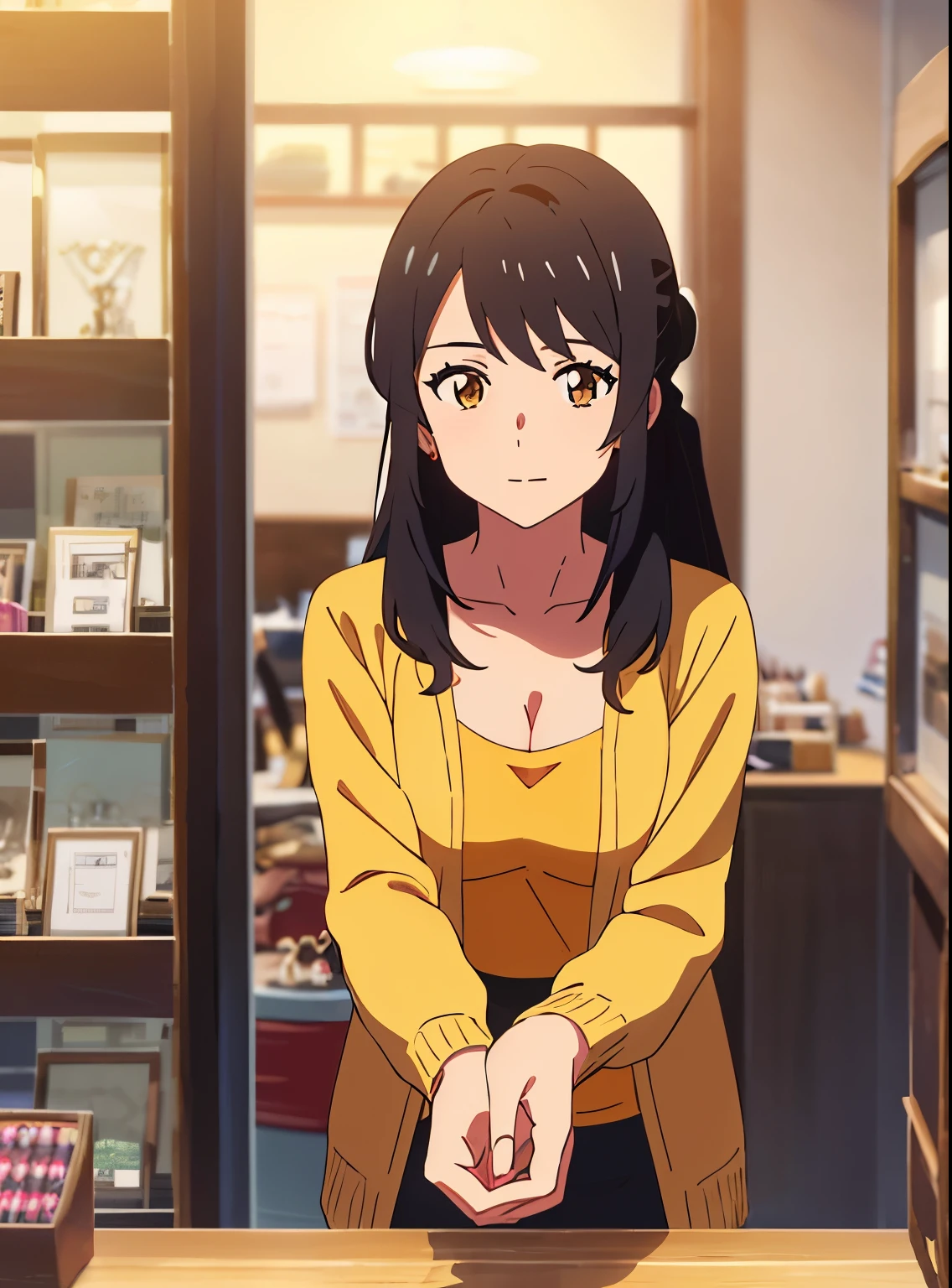 shinkai makoto, kimi no na wa., 1girl, bangs, black hair, brown eyes, twisted half up, red ribbon, long hair, long sleeve light yellow cardigan, open shirt, yellow shirt, cleavage, breast, medium breast, Orange shirt, name tag written "LUMINE Miyamizu", looking at the viewer, indoors, jewelry products, jewelry shop, jewelry saleswoman, indoors, mallmasterpiece, perfect anatomy, cowboyshot, 1boy POV viewer, holding girl's hand
