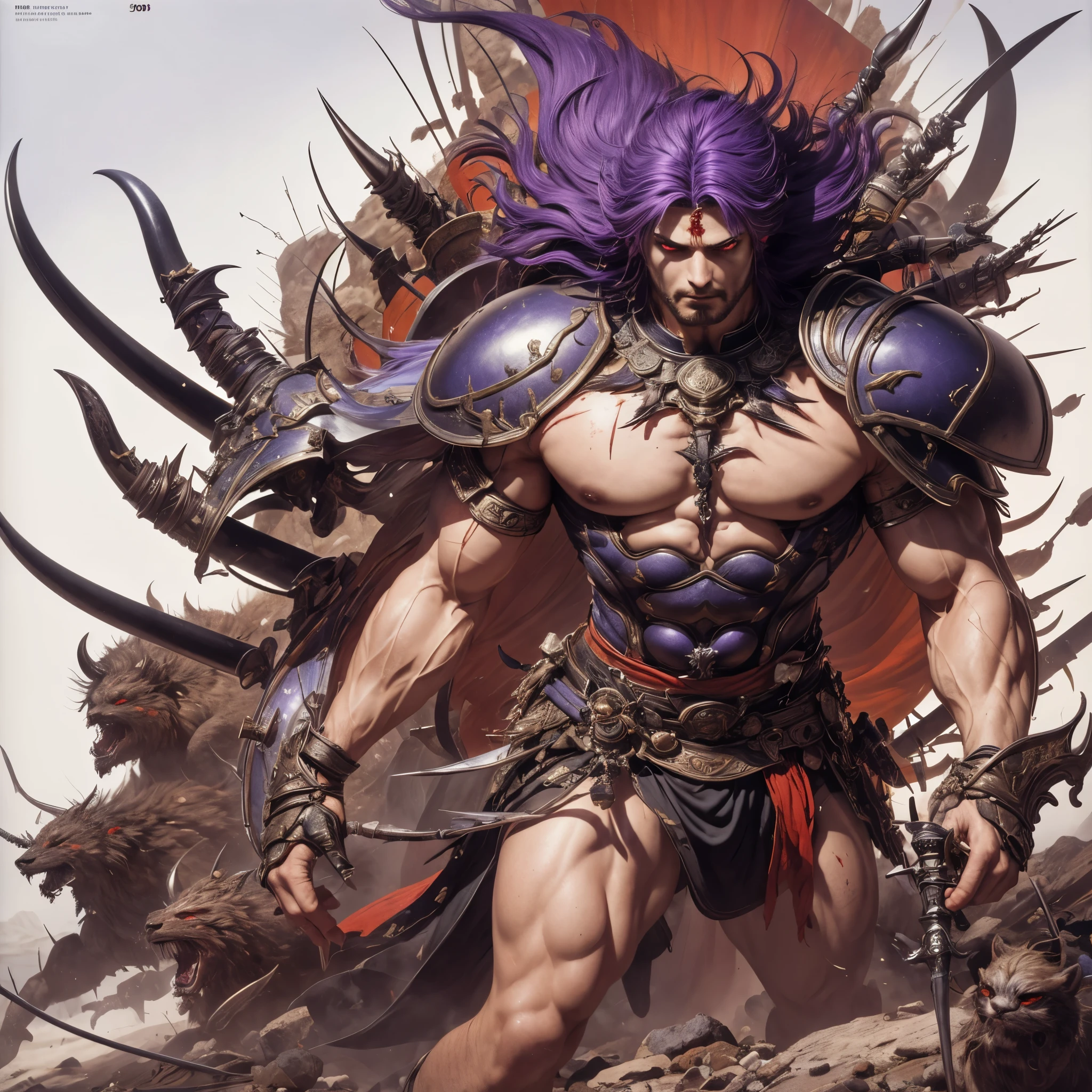 (best quality,4k,8k,highres,masterpiece:1.2),ultra-detailed, 1man, Greek God Ares, Purple hair, red eyes, in a loin cloth, wearing a greek hoplite helmet, on a battlefield, posed in battle, splattered with blood, screaming with rage, drawn in the style of Yoshitaka Amano, HDR, 8k, absurdres, cinestill 800, sharp focus