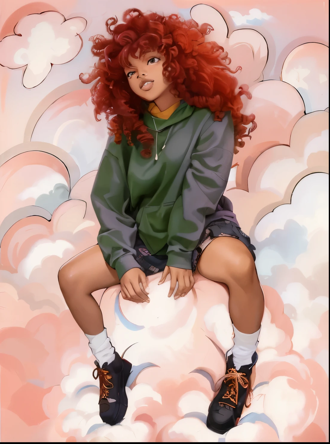 arafed black woman with red hair sitting on a cloud with a pair of shoes, African, sitting in a fluffy cloud, with curly red hair, red haired goddess, red afro, sza, red curly hair, girl clouds, patron saint of 🛸🌈👩🏾, curly red hair, inspired by Archibald Motley, big red afro, in style of digital illustration