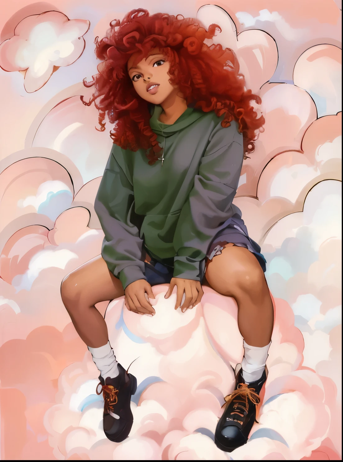 arafed black woman with red hair sitting on a cloud with a pair of shoes, African, sitting in a fluffy cloud, with curly red hair, red haired goddess, red afro, sza, red curly hair, girl clouds, patron saint of ๐ธ๐๐ฉ๐พ, curly red hair, inspired by Archibald Motley, big red afro, in style of digital illustration