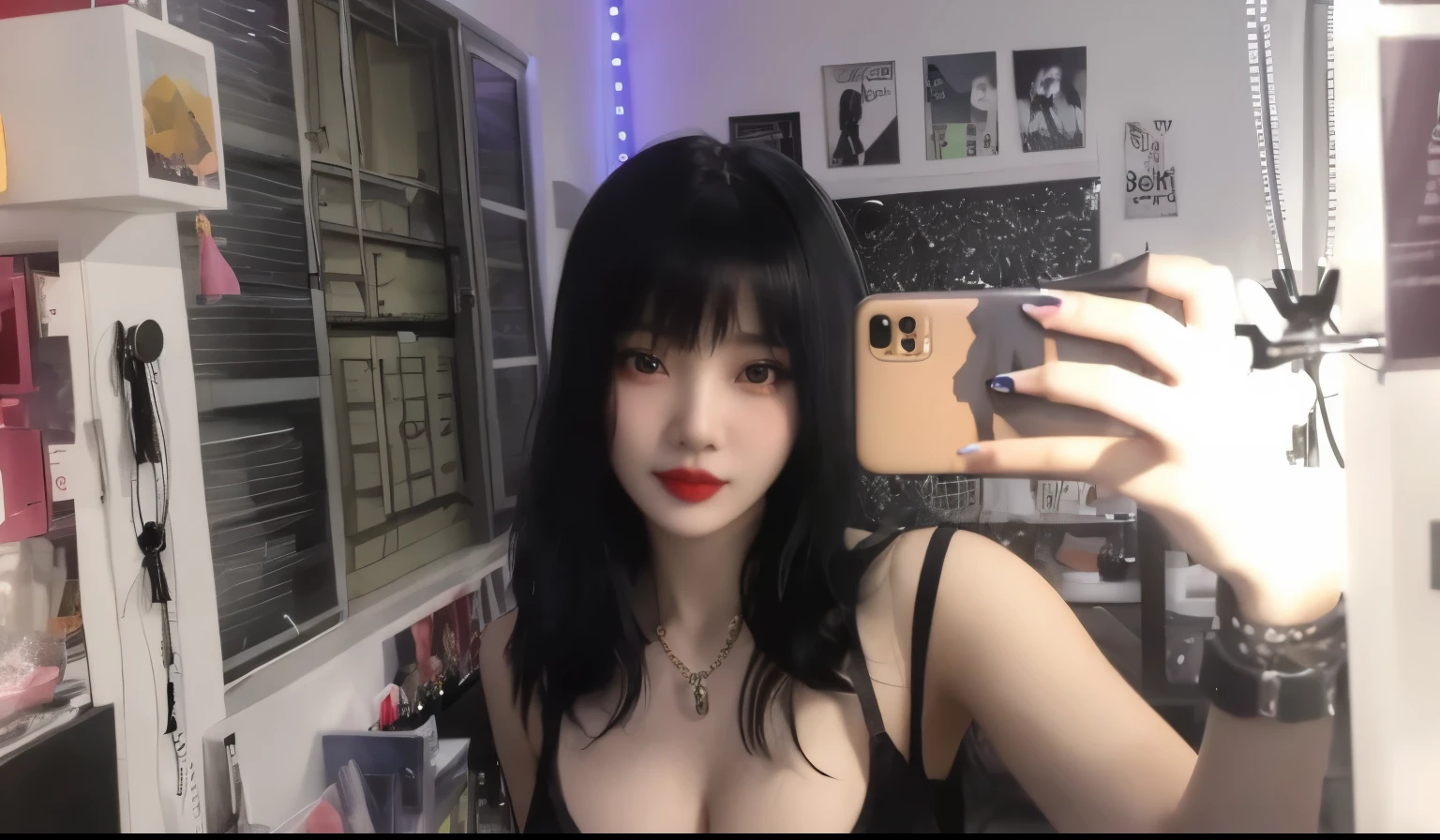 woman taking a selfie with her cell phone in a mirror, she has black hair with bangs, 1 7 -  - old h girl, 1 7 - year - anime g girl, goth girl aesthetic, hair blackbangs hair, black hair and white bangs, black bangs, she has black hair, anime girl in real life, pale goth beauty, cruel korean goth girl, joy red velvet