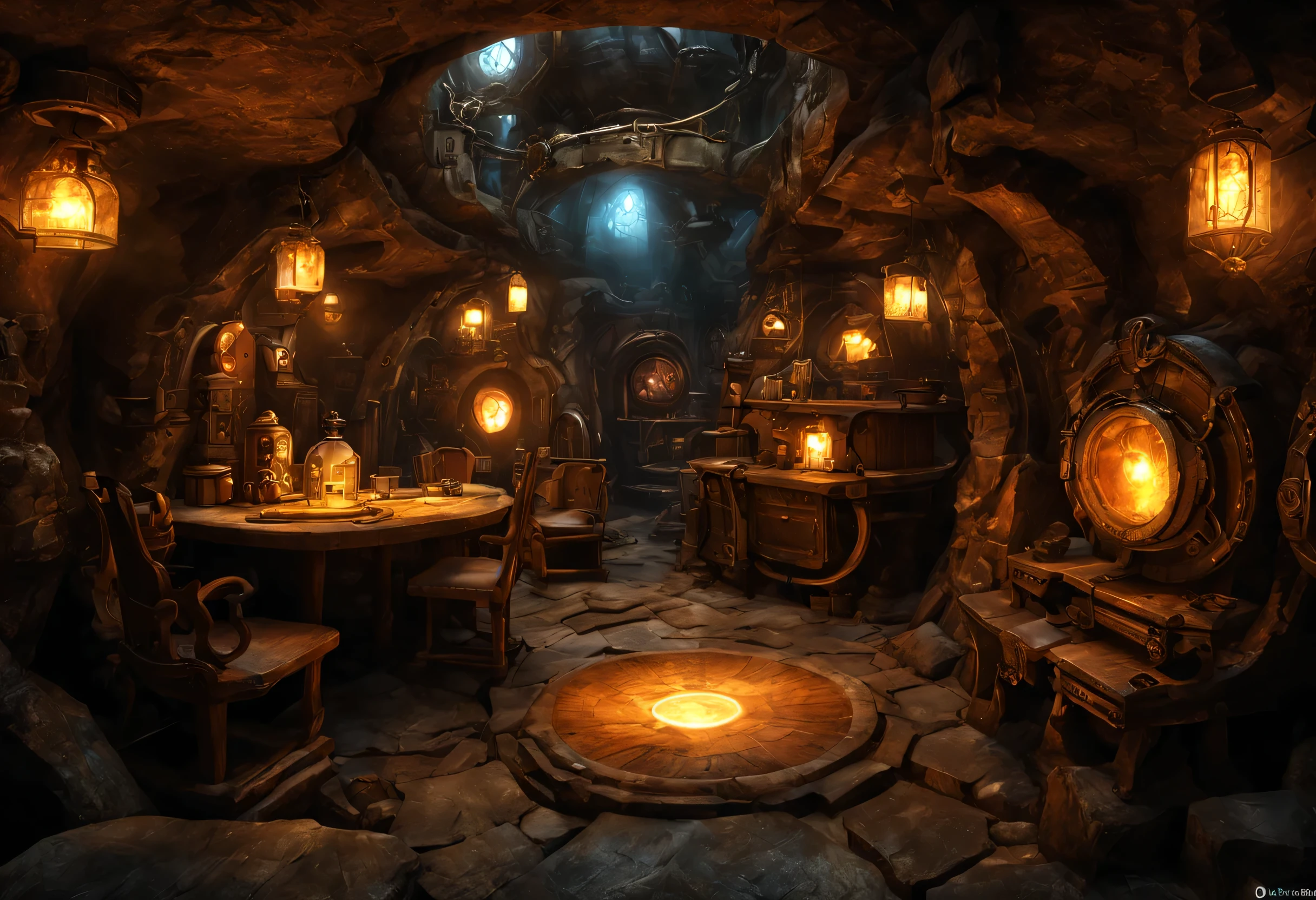 underground scenery,dwarf underground mall,Kolobokkur:cute,fantasy,underground dwarf world,wonderful,rock surface,Light from the ceiling,crystallization,働くKolobokkur,Professionals,Detailed details,octane rendering,steampunk,sense of life,Chair,mechanical,tableware