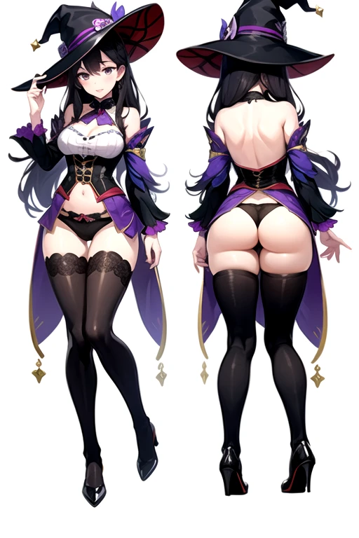 ((masterpiece)),(((best quality))),(character design sheet, same character, front, side, back, up), illustration, 1 girl, genshin impact style, full body, witch , purple witch hat, long black hair, medium breasts, purple mini skirt, corset, white shirt, open legs, black panties, exposed panties, thick mules, tight stockings, white background, beautiful woman, deep pink skin
