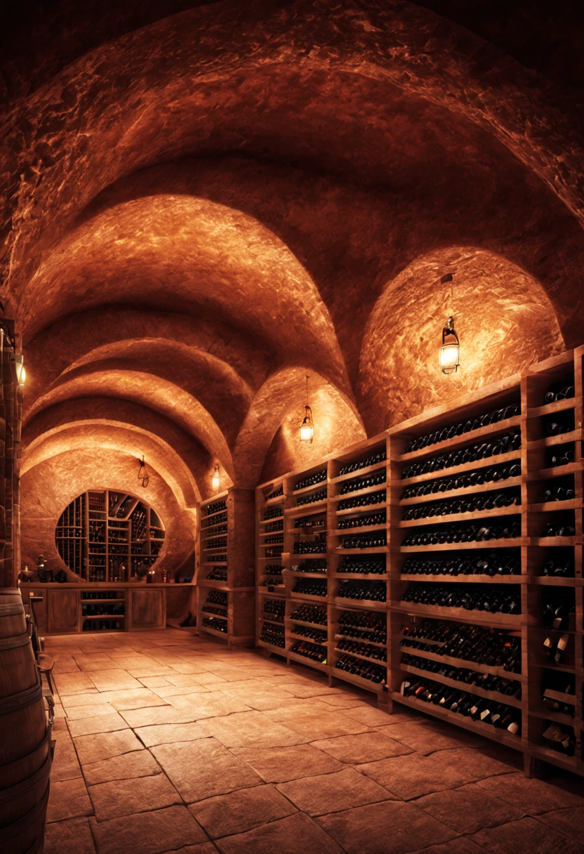 Underground space for wine storage. Depth of field. Multi-layered vast space. Warm lighting. Detailed master works. High-definition art. Ultra-detailed.