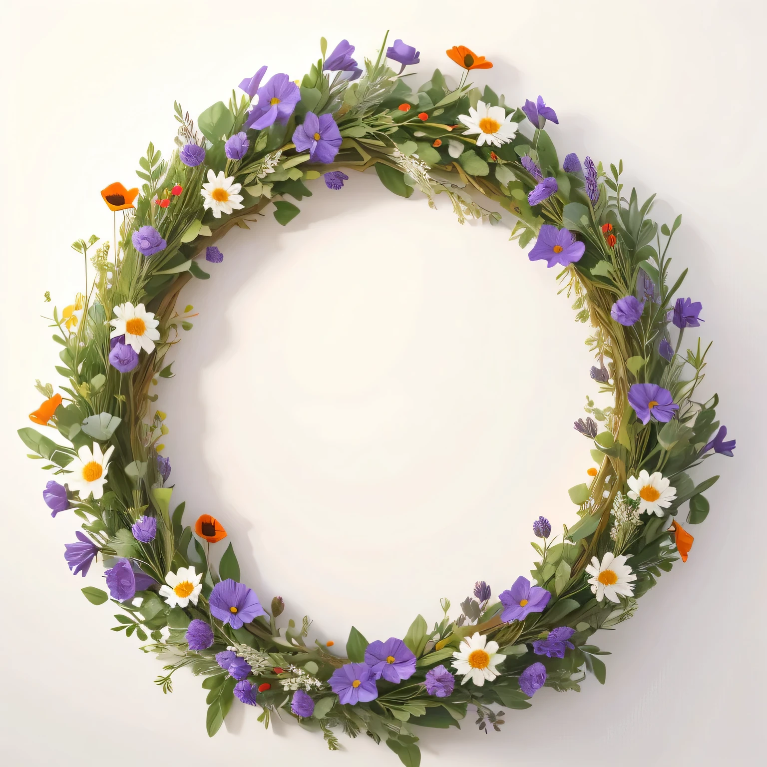 a wreath on the white background, in which there are many beautiful flowers such as lavender and poppies and other field flowers, kunstvoll kombiniert sind, Spritzer, Kunst
