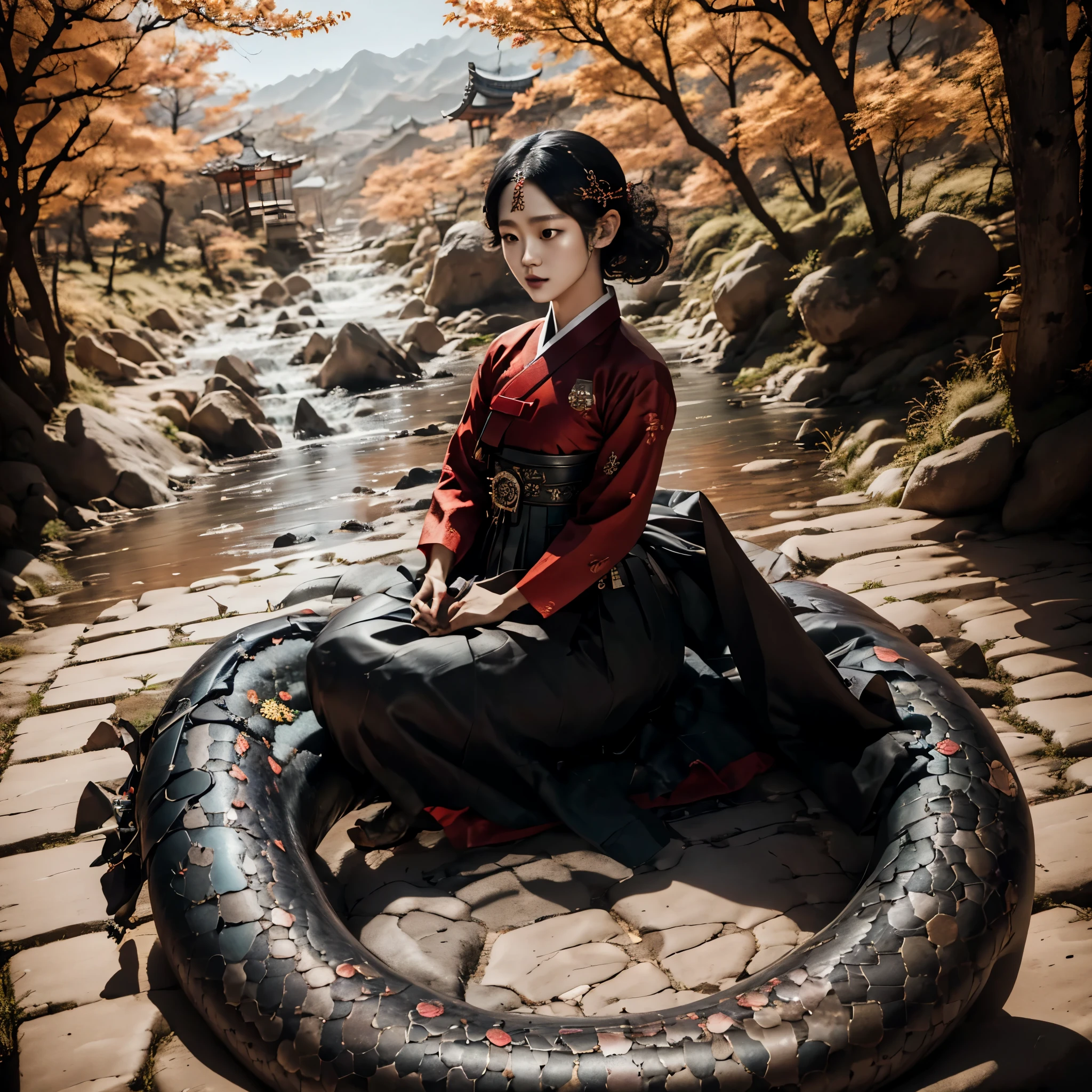 black scales(best quality,4k,8k,highres,masterpiece:1.2),ultra-detailed, Korean Goddess Eopsin, Kim Go-eun, wearing red Hanbok, yellow top, black lamia scales, looking at viewer, drawn in the style of Yoshitaka Amano, HDR, 8k, absurdres, cinestill 800, sharp focus