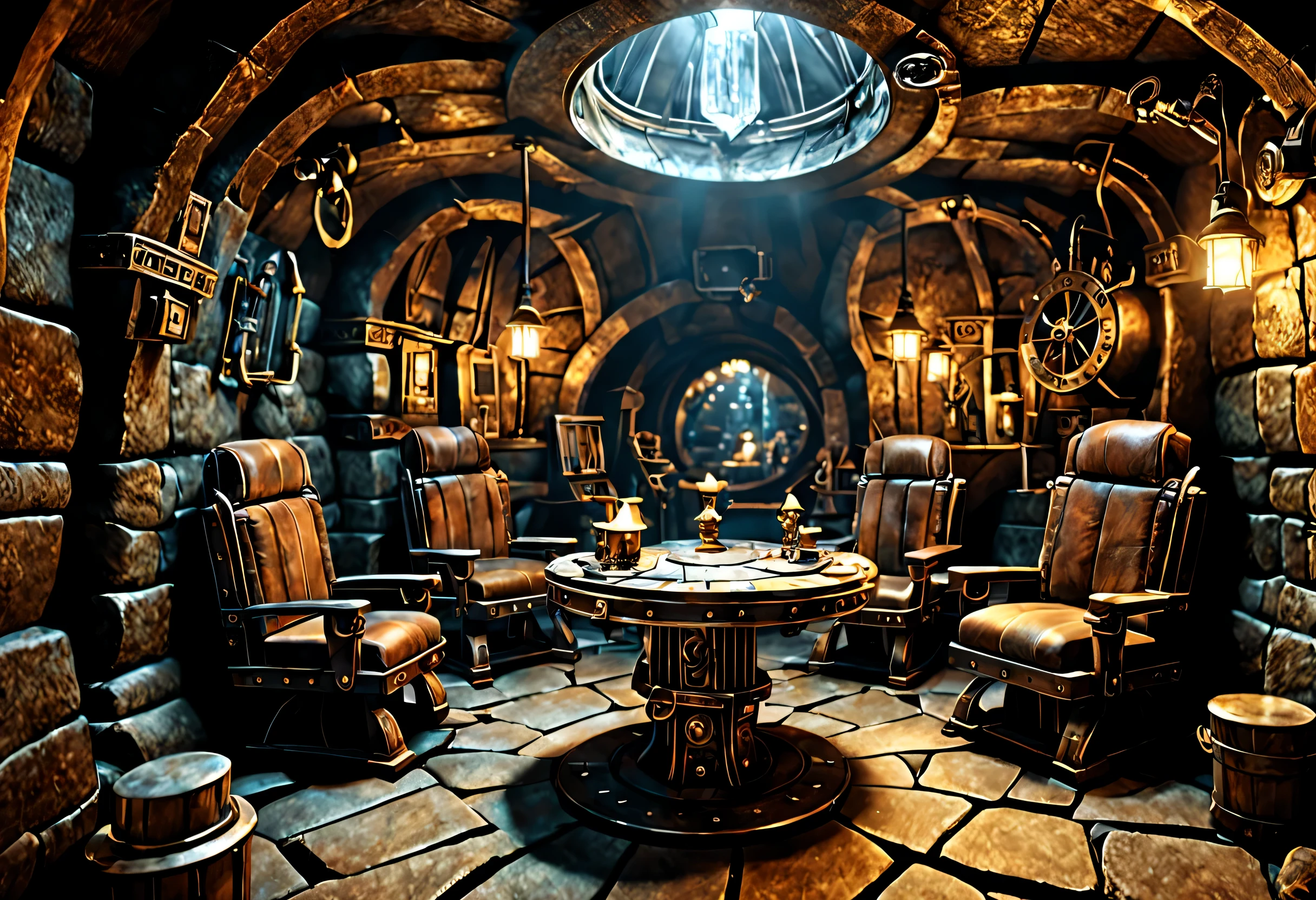 underground scenery,dwarf underground mall,Kolobokkur:cute,fantasy,underground dwarf world,wonderful,rock surface,Light from the ceiling,crystallization,働くKolobokkur,Professionals,Detailed details,octane rendering,steampunk,sense of life,Chair,mechanical,tableware