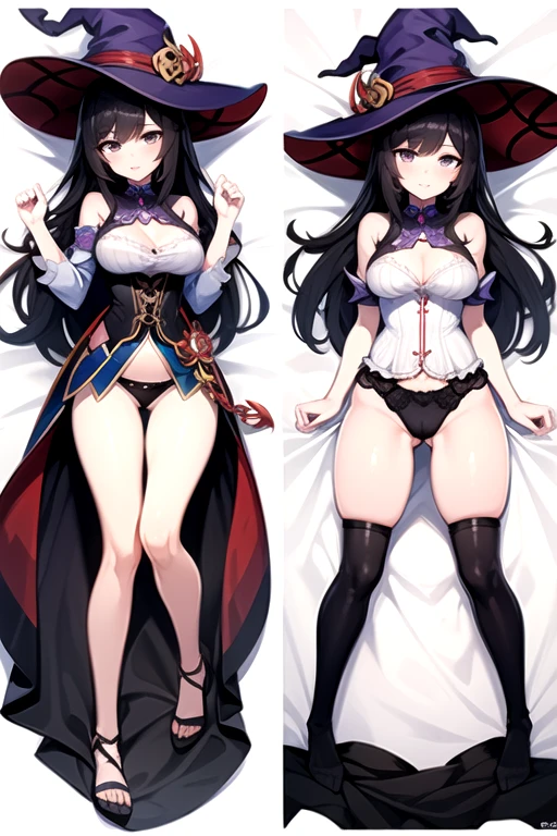 ((masterpiece)),(((best quality))),(character design sheet, same character, front, side, back, up), illustration, 1 girl, genshin impact style, full body, witch , purple witch hat, long black hair, medium breasts, purple mini skirt, corset, white shirt, open legs, black panties, exposed panties, thick mules, tight stockings, white background, beautiful woman,  deep pink skin