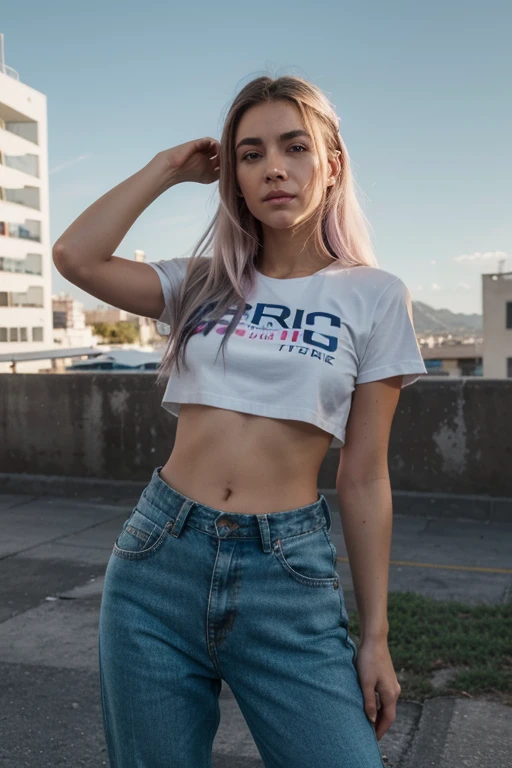 Hermosa mujer con cabello rubio ondulado extra largo, detallado alluring eyes, piernas largas y sexys, usar pantalones cortos diminutos, Camiseta, ((detallado facial features)), (finely detallado skin), pale skin, textura de piel realista, detalles extremos de la piel, (poros:0.1), En el fondo hermosa ciudad cyberpunk futurista, obra maestra de mejor calidad, fotorrealista, Hyper realistic, detallado, 8k, HDR, (Color suave: 1.2), Poca profundidad de campo, luz amplia, Alto contraste, contraluz, bloom, destellos de luz, chromatic aberration, Sharp focus, Foto en color crudo
