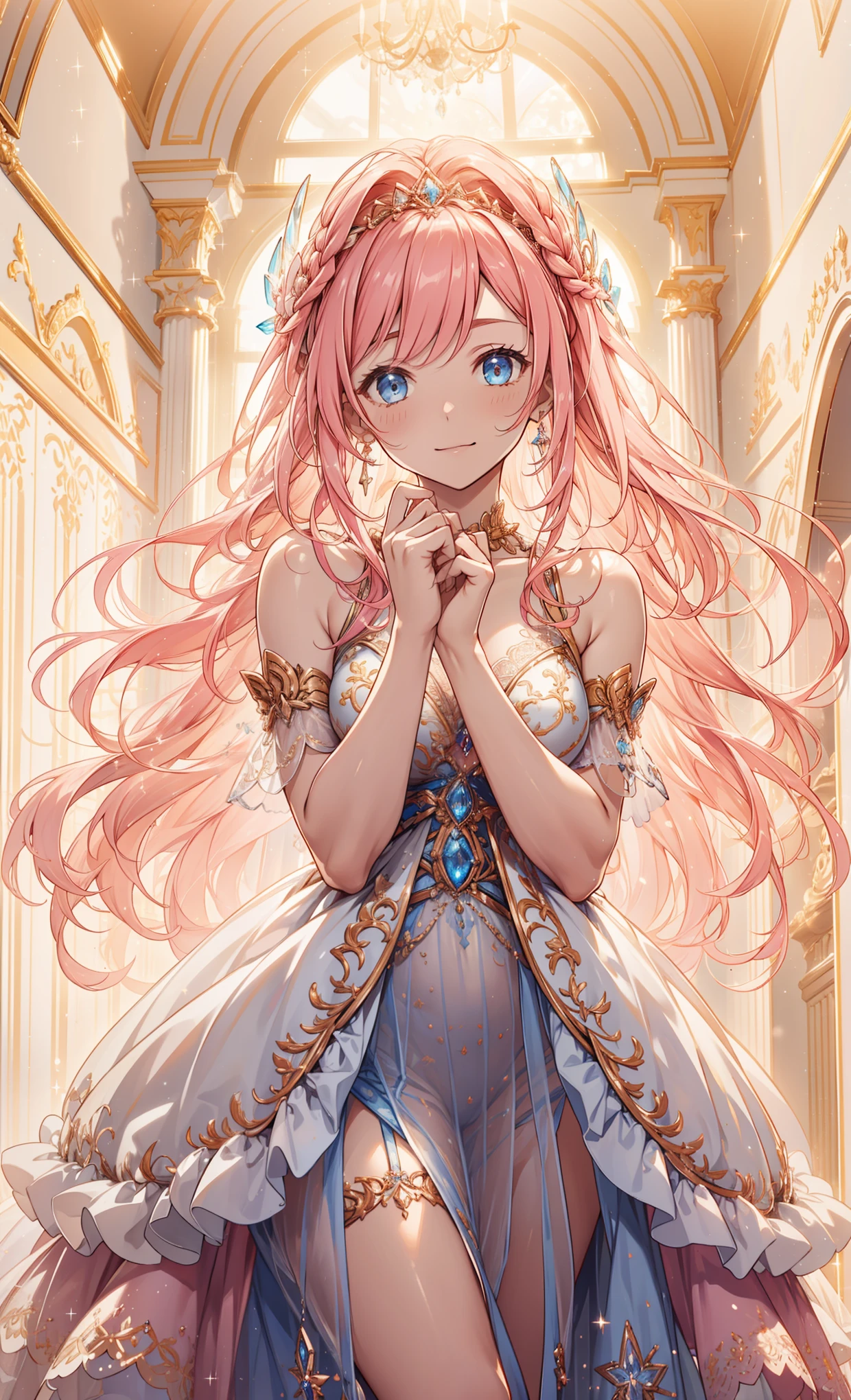 (best quality, high resolution, textured skin, high quality, high detail,Extremely detailed CG unification),teenage girl，obsessed，Divine happiness，in love，having fun，(Heavenly Maxi and Ballgown Combinations)，pink hair，blue eyes，(Fabric headdress)，Minimalism，multi-layered ruffles，lace，delicate embroidery，Exquisite pattern，Fabric headdress，dress nicely，sheer transparent clothes，bedroom，sparkling，(Appearing to be covered by a transparent skirt:1.1)，light，night，the only person，fluttering skirt，Exquisite and beautiful face，dynamic angle