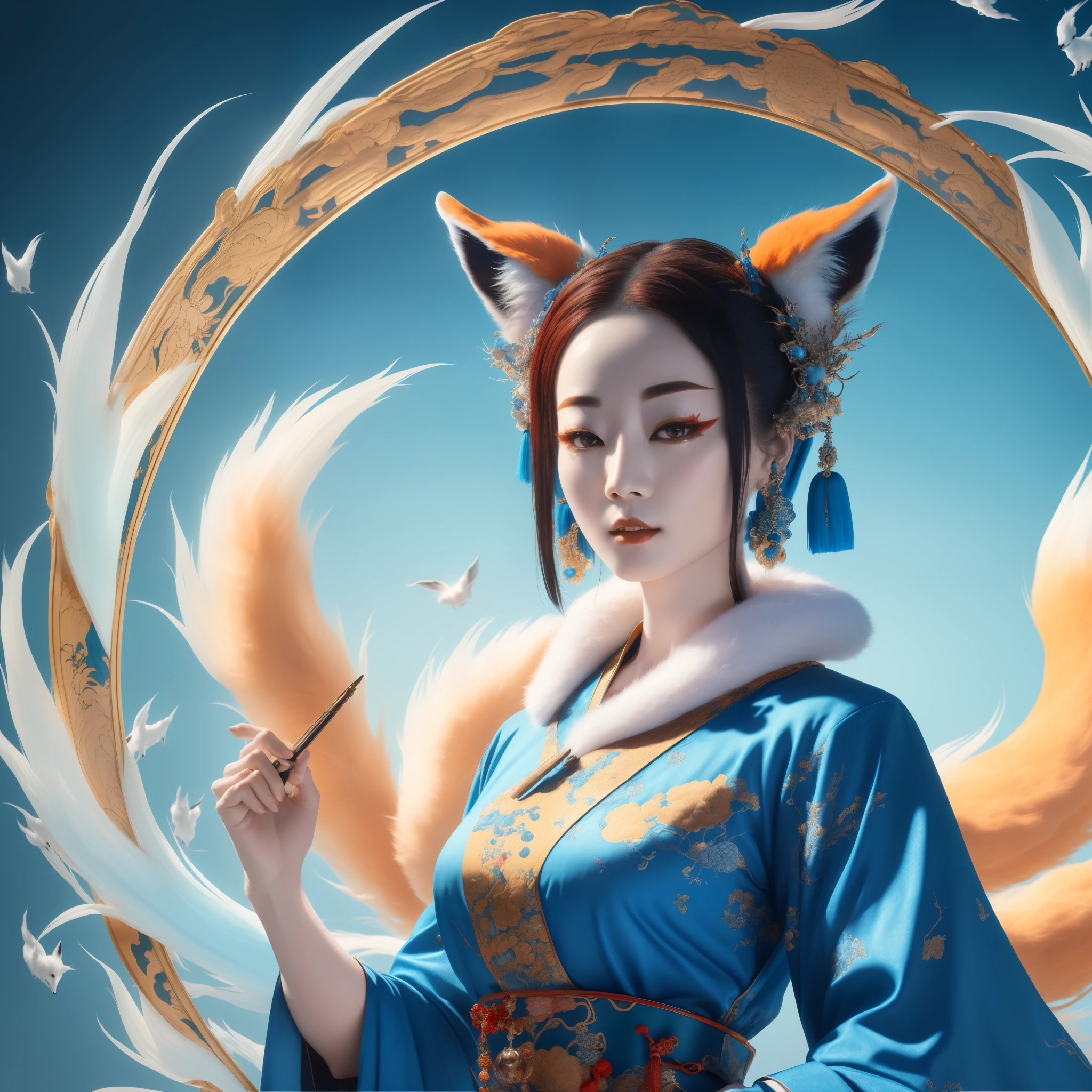 (best quality,4k,8k,highres,masterpiece:1.2),ultra-detailed, Chinese fox spirit Su Daji, blue traditional Chinese dress, HDR, 8k, absurdres, cinestill 800, sharp focus