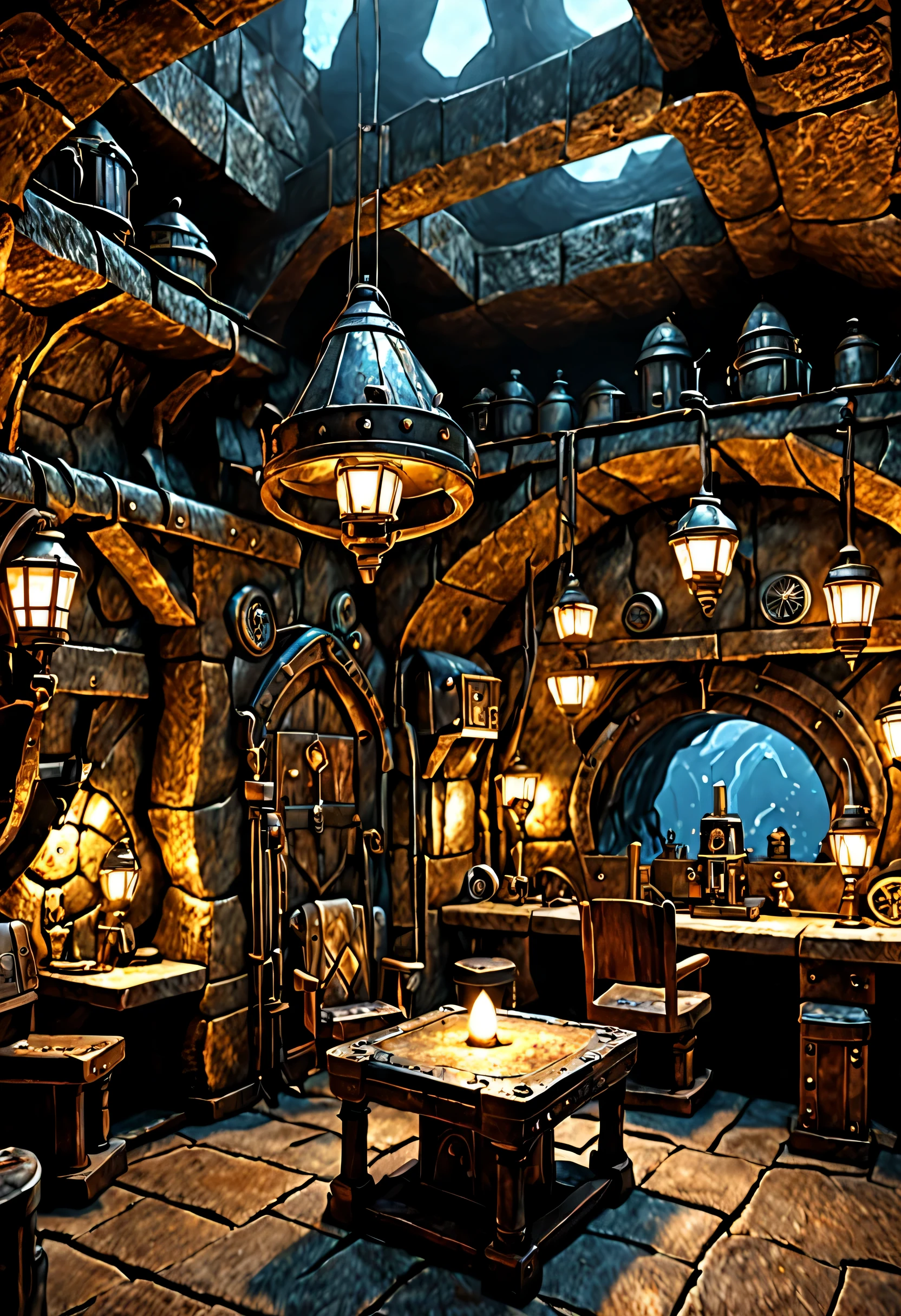 underground scenery,dwarf underground mall,Kolobokkur:cute,fantasy,underground dwarf world,wonderful,rock surface,Light from the ceiling,crystallization,働くKolobokkur,Professionals,Detailed details,octane rendering,steampunk,sense of life,Chair,mechanical,tableware