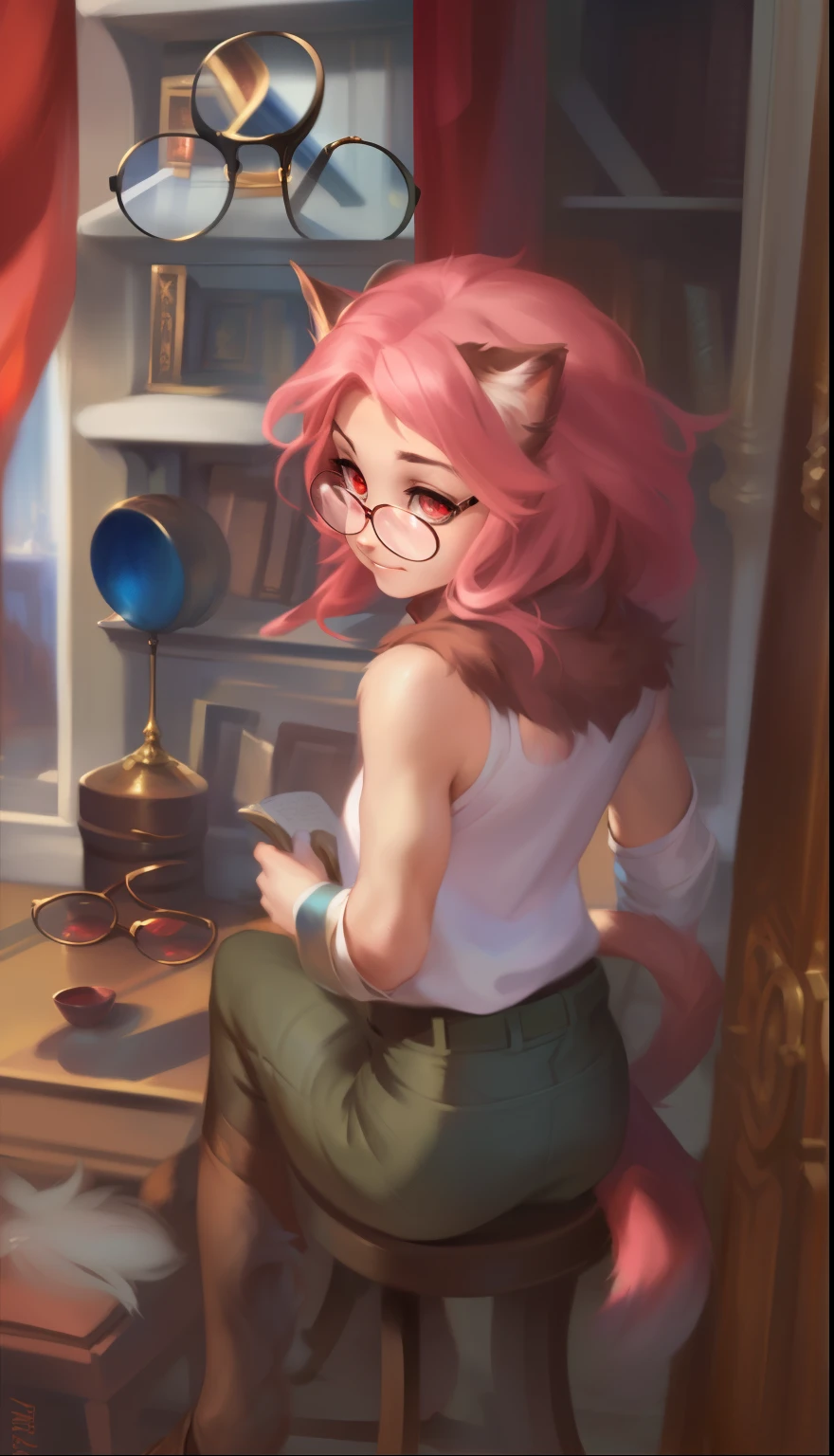 Michael & I'm nessa Garmash, ruan jia, Pinodney, chunie), alone, human nature, Miss, (Cat), ((intricate deTail fluffy fur texture)), (red eyes), Pink hair, ((clothed)), digital level, (Tail), Handsome, normal, alone, (shadow), (deTailed eyes):1.2, ((round glasses))