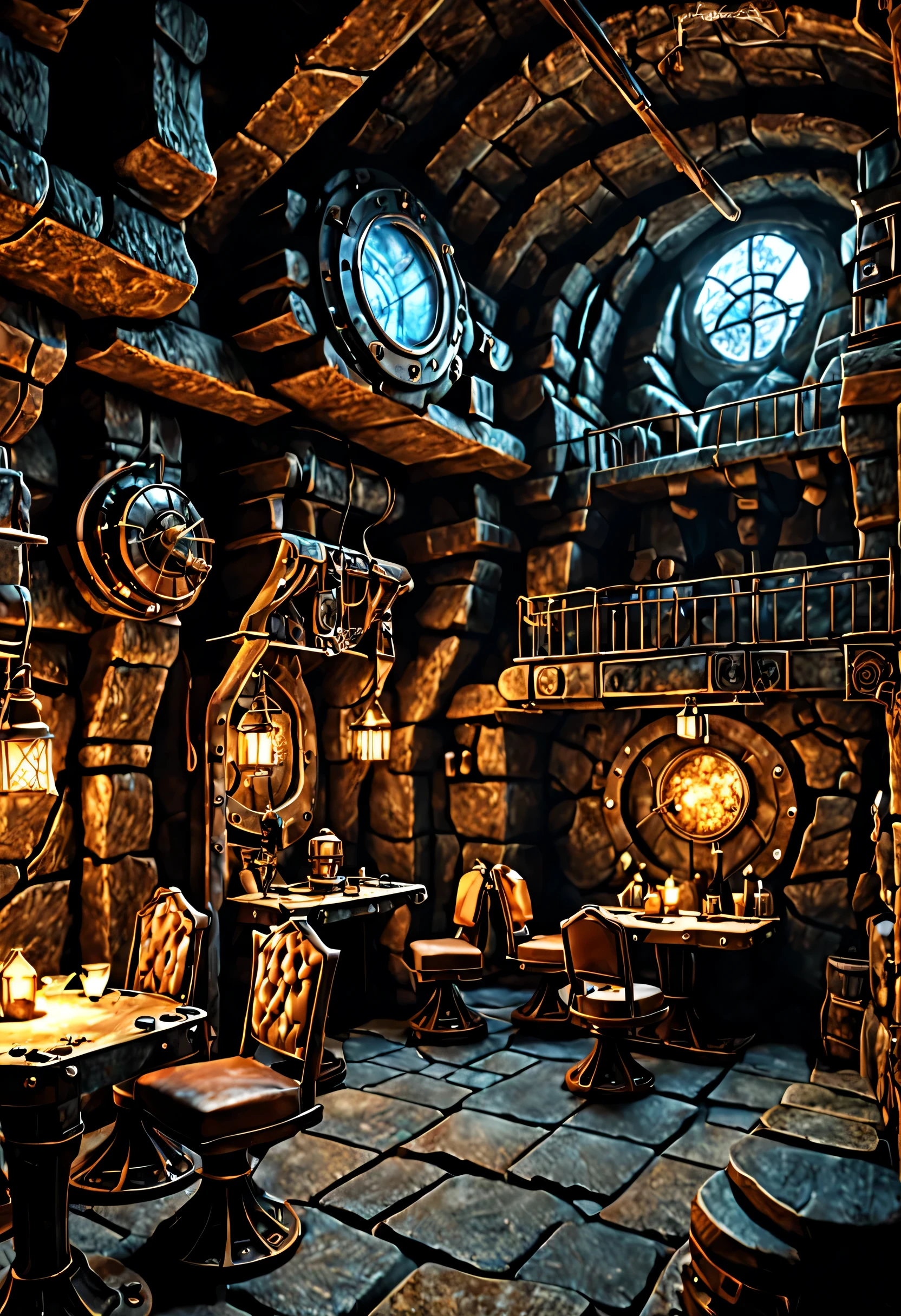 underground scenery,dwarf underground mall,Kolobokkur:cute,fantasy,underground dwarf world,wonderful,rock surface,Light from the ceiling,crystallization,働くKolobokkur,Professionals,Detailed details,octane rendering,steampunk,sense of life,Chair,mechanical,tableware