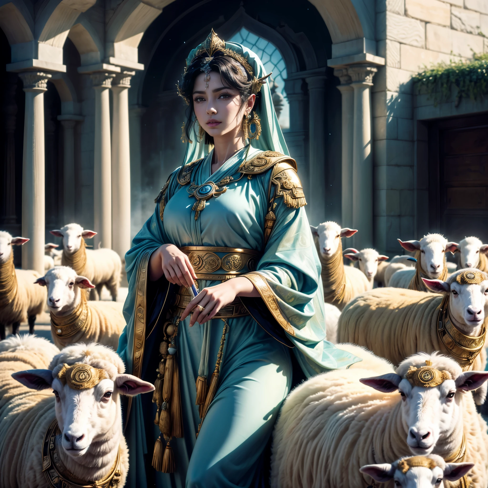 (best quality,4k,8k,highres,masterpiece:1.2),ultra-detailed, Sumerian Goddess Lahar, pr1y4nk4, dressed in shepherd's robes, watching over the sheep, drawn in the style of Yoshitaka Amano, HDR, 8k, absurdres, cinestill 800, sharp focus, add_detail:2