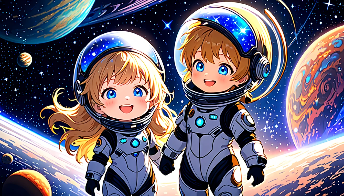 Two Lalafell Wearing a custom-made Lalafell spacesuit, Helmet visor slightly open, revealing a broad smile, Male, Short windswept golden hair, Bright blue eyes, Female, Long copper hair, Lively blue eyes, Vastness of space, filled with a mesmerizing swirl of nebulas and galaxies, Distant planets and shimmering stars scattered across the darkness, Lighting Dramatic, Best quality, ultra-detailed, 8k.