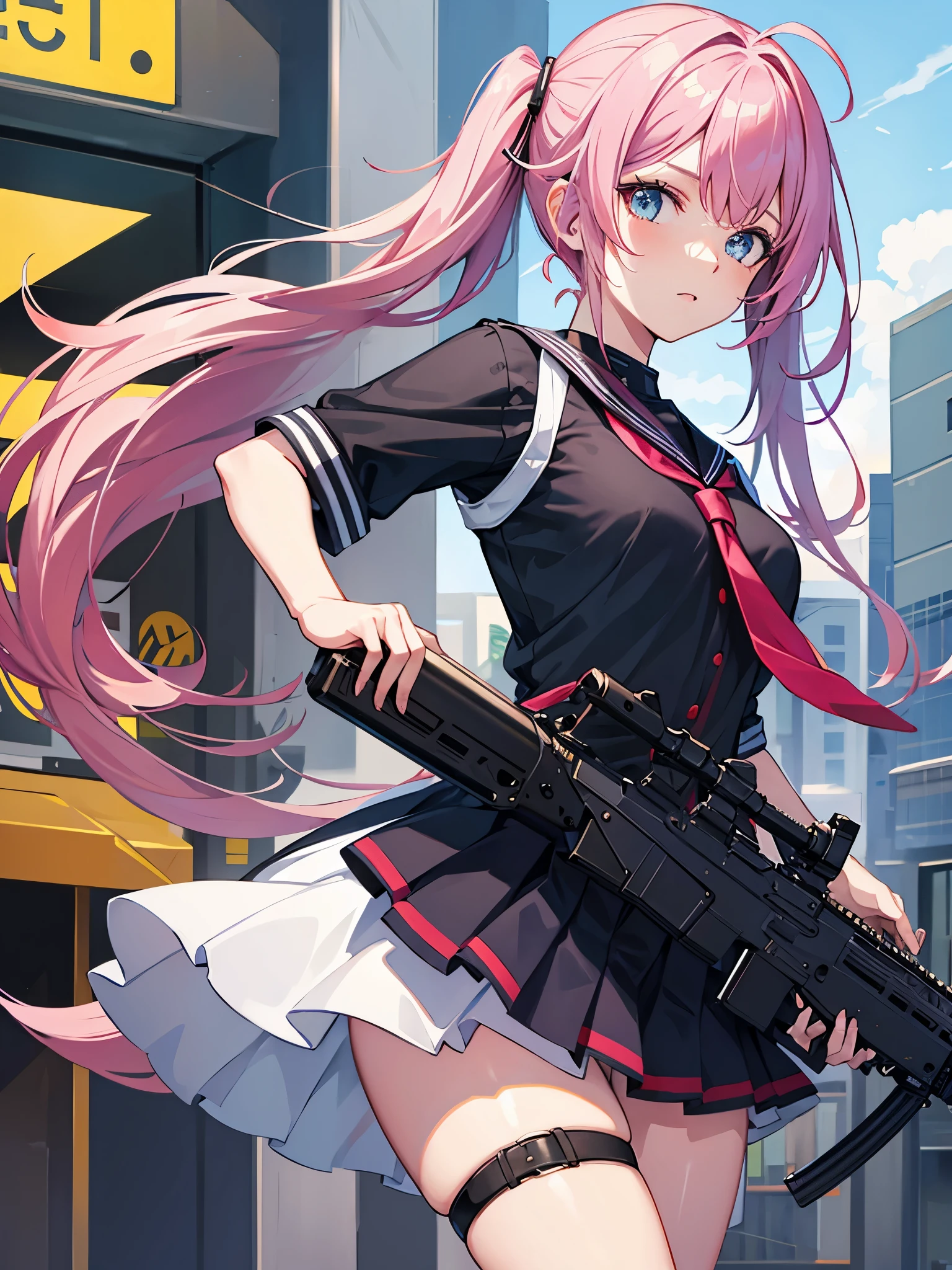 Seifuku, girls, assault rifle, colorful hair