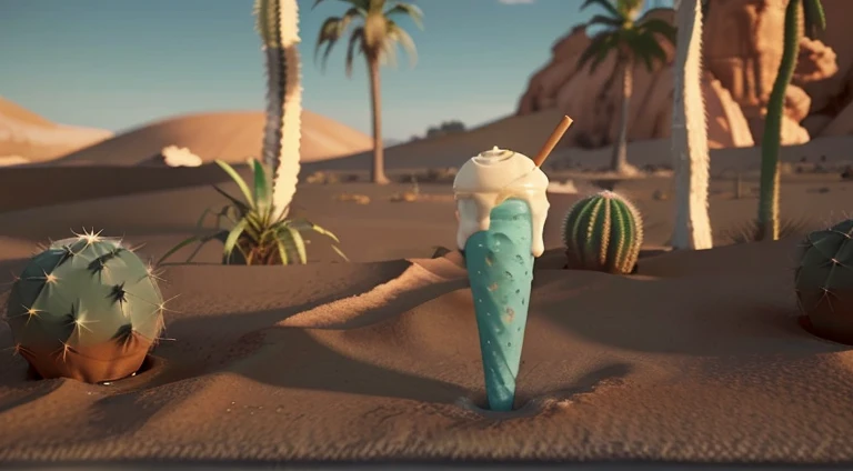 CONO DE HELADO DE CREMA CON SABORES VAINILLA Y FRUTILLA, EN UN OASIS EN EL DESIERTO CON ROCAS Y AGUA Y CACTUS, MEJOR CALIDAD DE IMAGEN, REDSHIFT, RAY TRACING, obra maestra, mejor calidad, alta calidad, unidad de fondo de pantalla CG 8k extremadamente detallada, paisaje, estilizado, hardsurface, hermoso, lindo, alegre, Cono color cactus, soleado, primavera