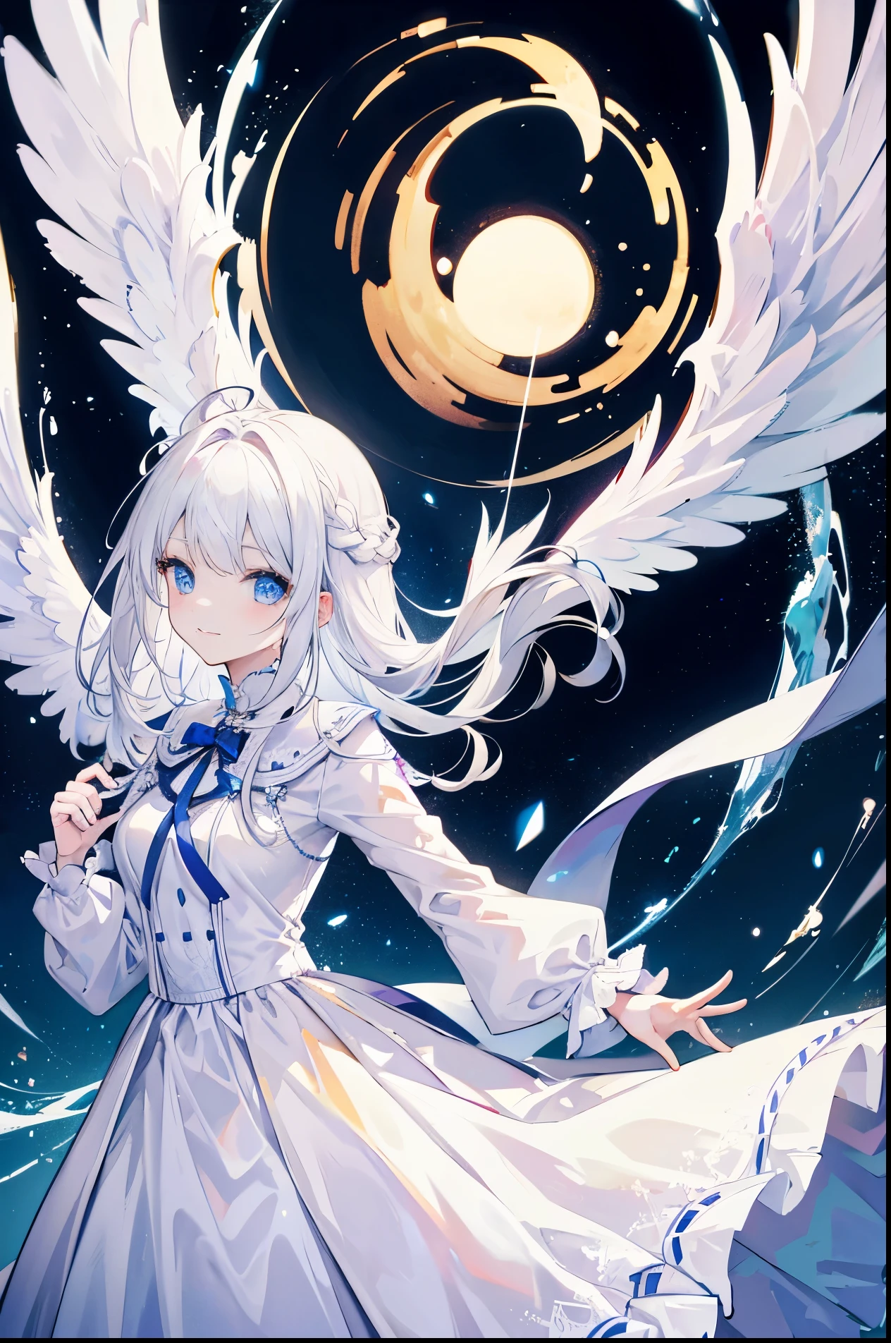 Beautiful white hair girl,angelic,Wearing a plain white dress,There is a halo above the head,French braid,long white hair,Standing in the golden wonderland,There is only one wing behind him,with smile,high and high