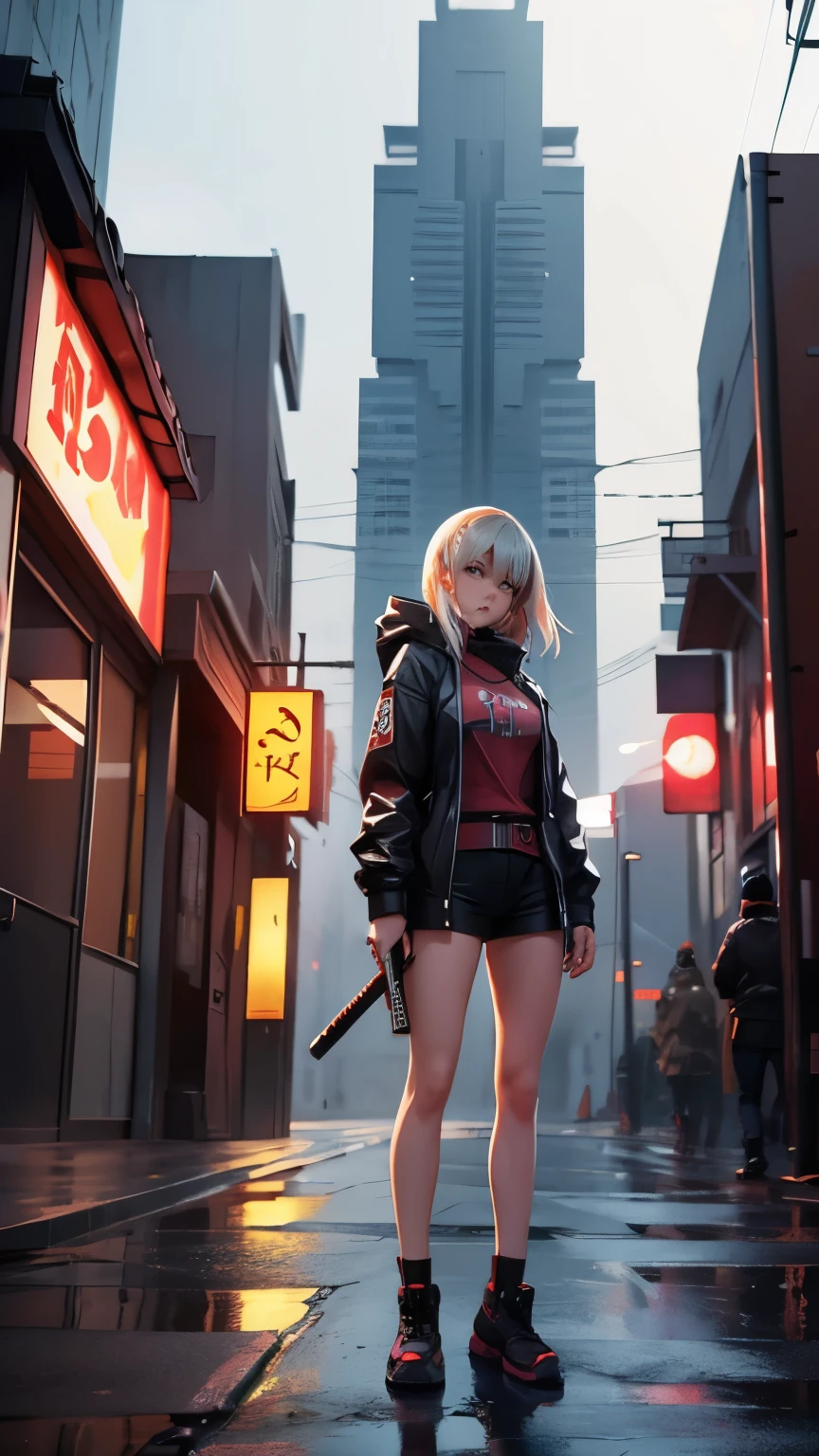 anime style girl, realistic face, holding katana, short outfit, several cyberpunk buildings in the background, rain and fog