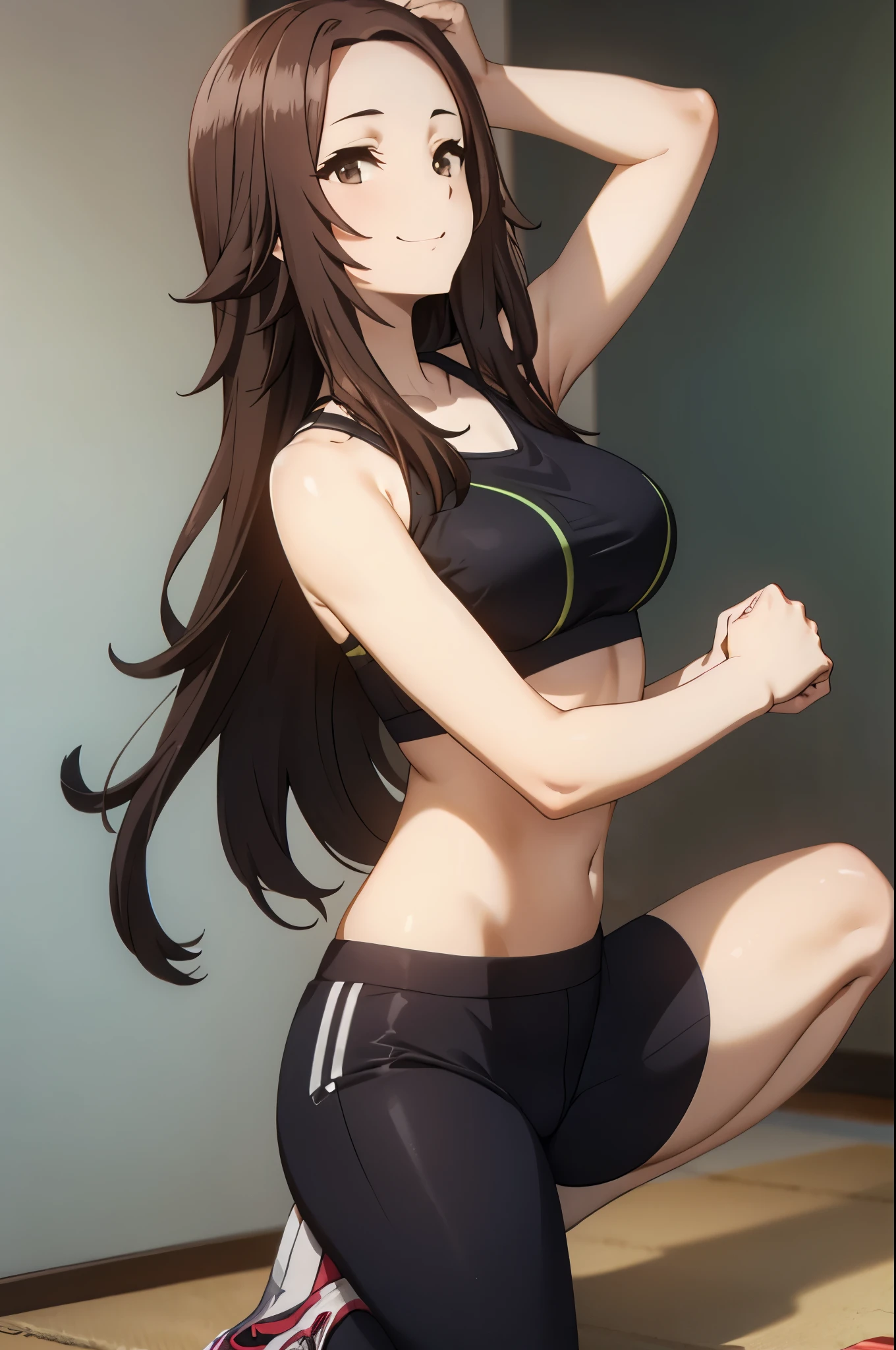 brown hair, brown eyes, long hair, looking at viewer, solo,forehead,masterpiece, best quality, photorealistic, yujiasuit, yoga sports bra, yoga pants, 1girl, solo, , yoga ball, pants, looking at viewer, smile, green sports bra, simple background, , midriff, long hair, breasts, green pants, sportswear, tank top, upper body,Eager Pet Pose
