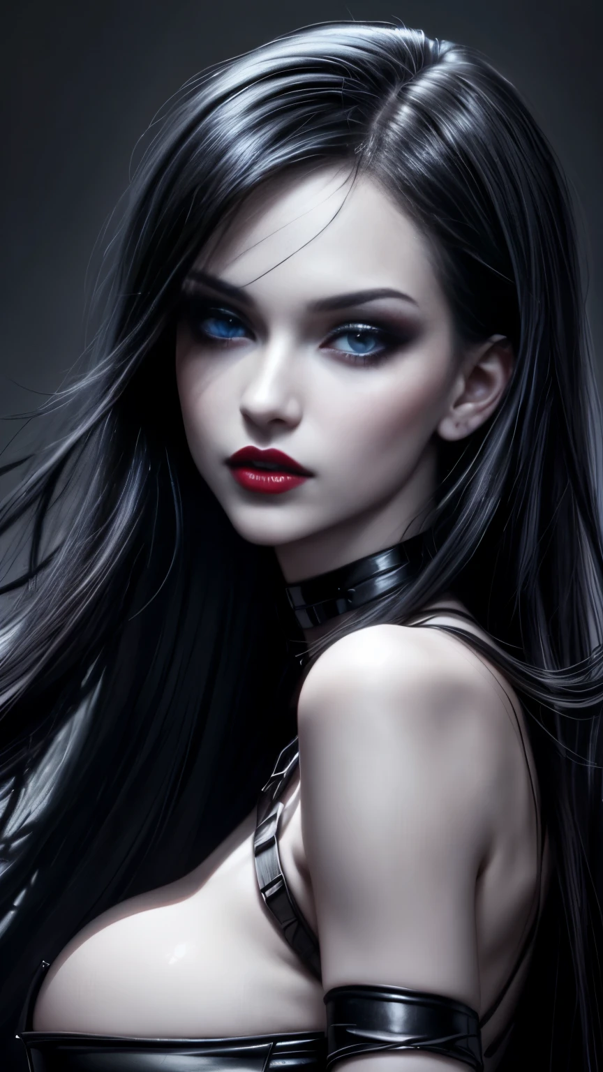 ((face Portrait, face close up, face shot)) ((Sexy, tall and very beautiful russian supermodel)) ((dark eyeshadows make up)) ((bright red lipstick)) ((very pale skin)) ((seductive gaze, seductive smile)) ((big bright blue eyes)) ((very long straight black hair)) ((big breasts:1.6)) ((wears strappless top)) ((choker)) ((gothic, dark fantasy)) ((high definition:1.5), ((gloomy ambient)) ((pale lights)) ((masterpiece:1.5))((8k:1.7)) ((Best quality:1.4)), more_details:-1, more_details:0, more_details:0.5, more_details:1, more_details:1.5,