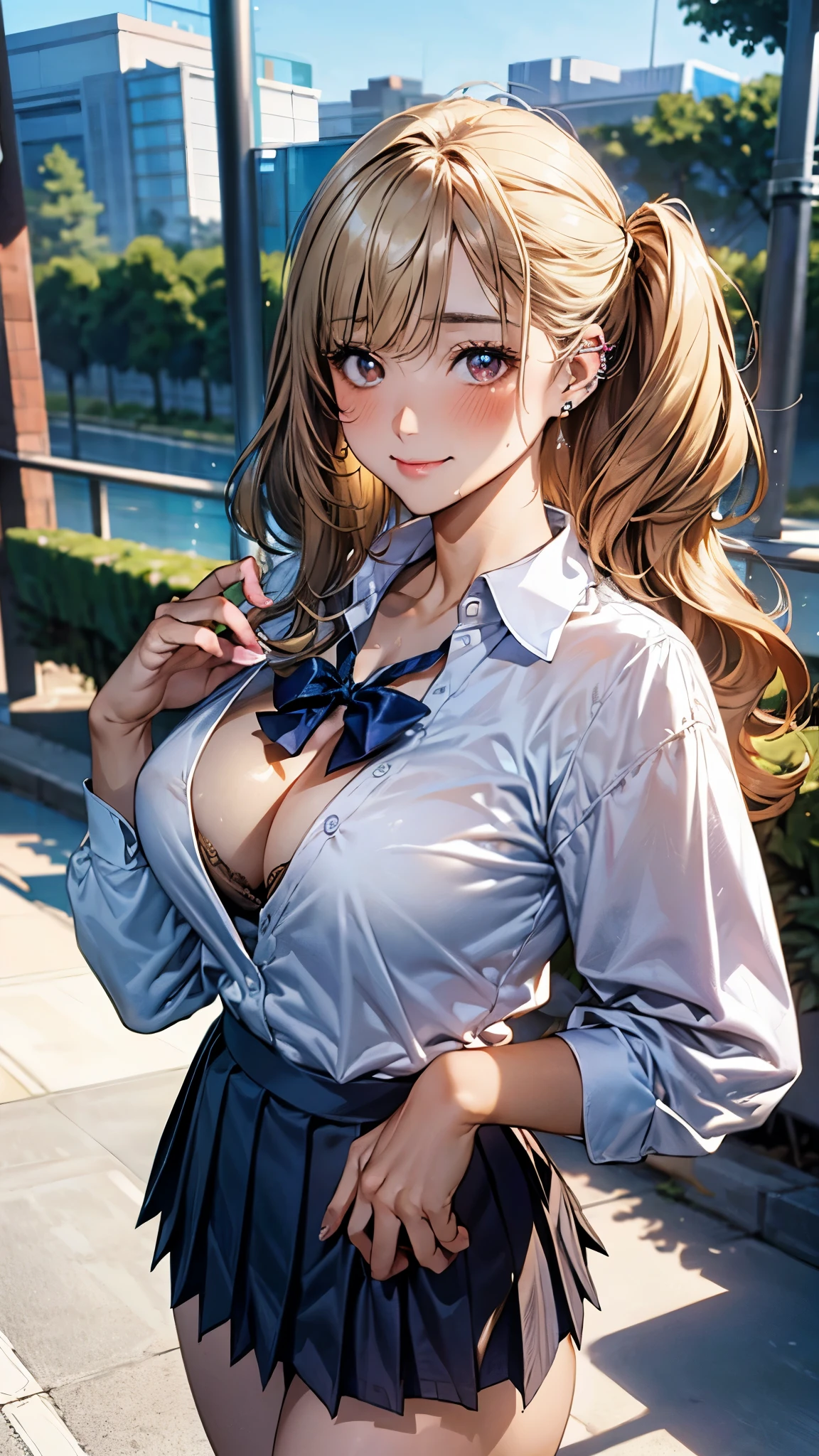 (masterpiece:1.2, top-quality), (realistic, photorealistic:1.4), beautiful illustration, (natural side lighting, movie lighting),
looking at viewer, cowboy shot, front view, 1 girl, japanese, high school girl, perfect face, cute and symmetrical face, (suntan, tanline),
(middle hair, wavy hair, blond hair), blunt bangs, gold eyes, (large breasts:0.5, seductive thighs, big ass), piercings,
beautiful hair, beautiful face, beautiful detailed eyes, beautiful clavicle, beautiful body, beautiful chest, beautiful thigh, beautiful legs, beautiful fingers,
((long sleeve white collared shirts, cleavage, navy pleated mini skirt)),
(beautiful scenery), evening, riverside, walking, (lovely smile, upper eyes),