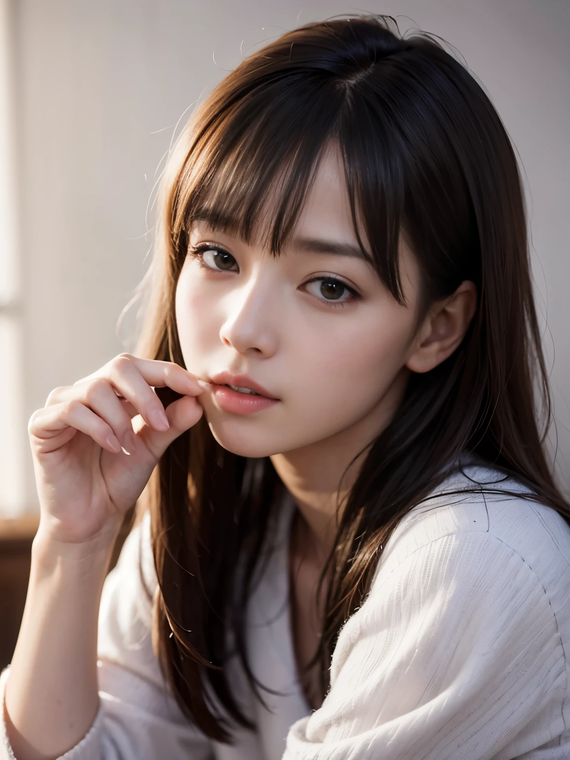 (8k, RAW photo, best quality, masterpiece:1.2), (realistic, photo-realistic:1.4), (extremely detailed 8k wallpaper), sharp focus,
professional lighting, blur background, portrait, slim, beautiful woman, 20 years old korean idol, No-makeup look, bent over, sleepy, bed, pajamas, medium hair, messy hair, asymmetrical bangs, brown hair,
