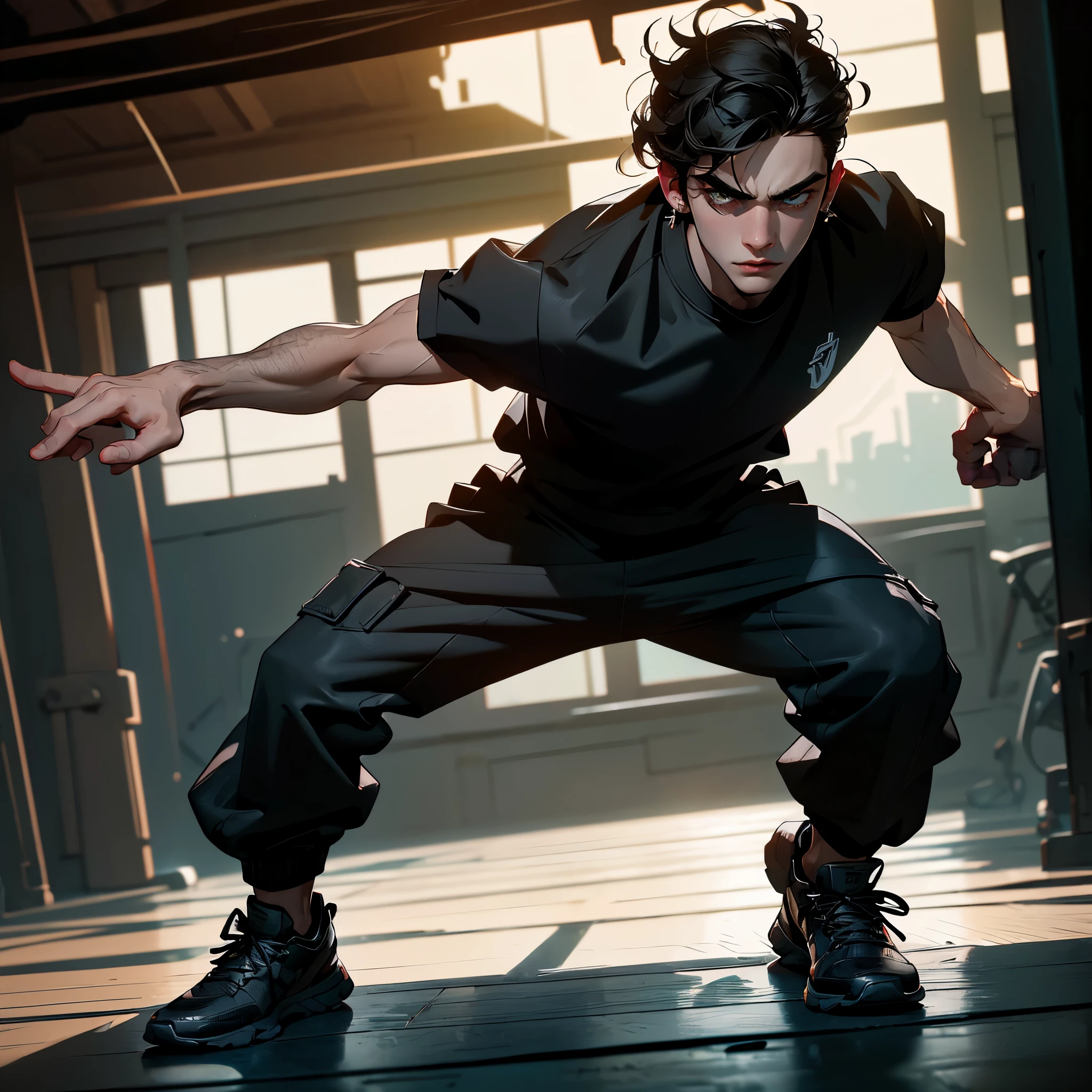 ((best quality)), ((masterpiece)), (detailed), perfect face, A fierce (male agent )1.2 in a fighting stance position, wearing (black cargo pants)1.4, (black shirt)1.2, (obscured face)1.3, analog style nofilter selfie, posing in an (indoor training area)1.2, (backlit)1.2, (film grain)1.2, cinematic movie still frame, black sneakers with white soles, various equipment in the background, insane detailed eyes,