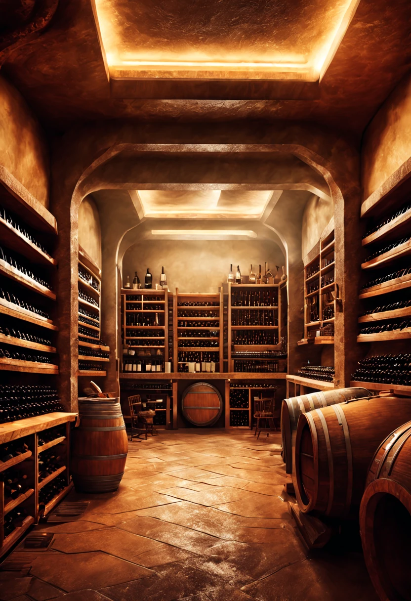 Underground space for wine storage. Depth of field. Multi-layered vast space. Warm lighting. Detailed master works. High-definition art. Ultra-detailed.