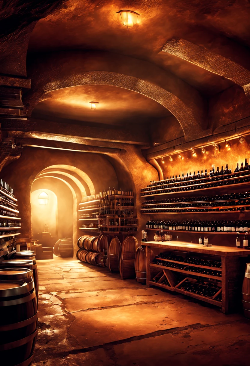 Underground space for wine storage. Depth of field. Multi-layered vast space. Warm lighting. Detailed master works. High-definition art. Ultra-detailed.