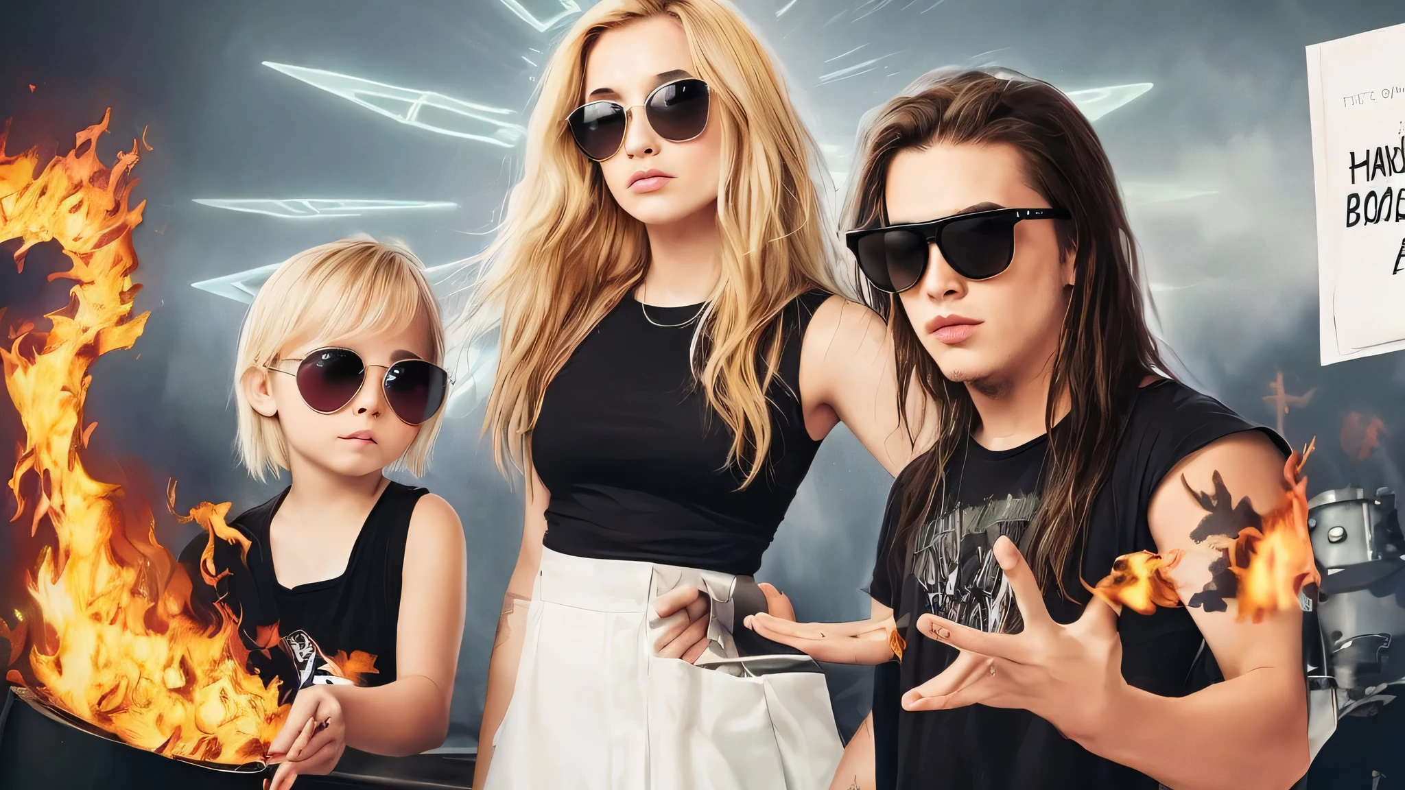 image of a kids girls blonde with sunglasses and a sign, halo on fire, heavy metal band promo,