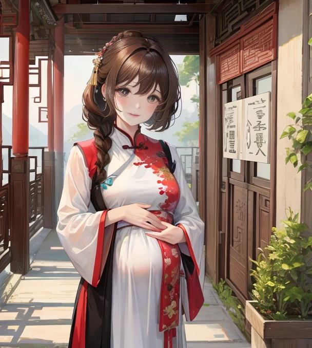 masterpiece, best quality, married woman, aldult, Chinese style, China, elder sister, Smile, brown hair, princess cut, Single braid,Full of motherhood,传统China服装,purely,blush,Dignified yet lively,Mother,Put your hands on your belly,thin lips,pregnancy,古典China,Mature