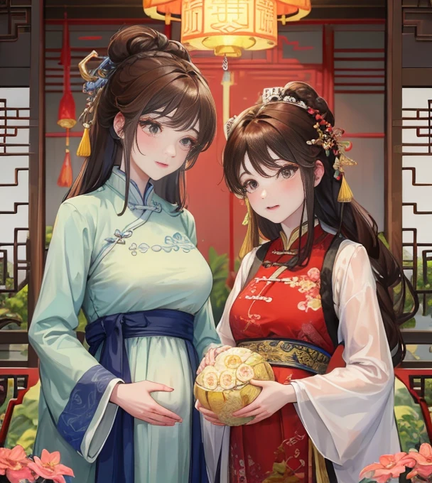 masterpiece, best quality，Five months pregnant， aldult, Chinese style, China, elder sister,  Smile, brown hair, princess cut, Full of motherhood，China传统服饰，Pure affection，blush，Dignified yet lively，Mother，Place your hands on your stomach，Full of motherhood，Sexy，charming，Graceful and graceful，A thousand flavors，charming，With a royal air，long hair，With hairpins，Long Hanfu，beautiful，beautiful，The hand caressed the belly，charming的，眼神Lovely，Lovely，white pantyhose