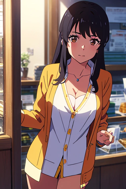 shinkai makoto, kimi no na wa., 1girl, bangs, black hair, brown eyes, twisted half up, red ribbon, long hair, long sleeve light yellow cardigan, open shirt, yellow shirt, cleavage, breast, medium breast, Orange shirt, name tag written "LUMINE Miyamizu", looking at the viewer, indoors, jewelry products, jewelry shop, jewelry saleswoman, indoors, mallmasterpiece, perfect anatomy, cowboyshot