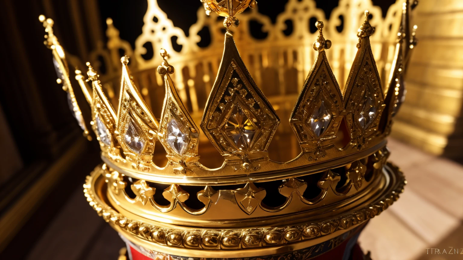 8k, (3 corona close-up), perspectiva positiva!! , corona de la realeza inglesa, background of an english castle, super realistic crown, golden corona, white laser corona, (trazado de rayos)