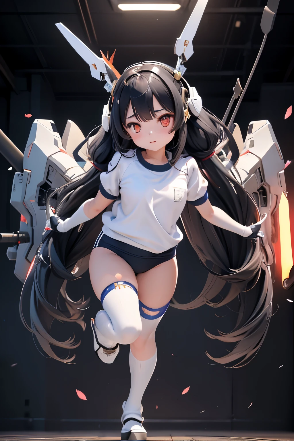 (highest quality), ((masterpiece)), (very detailed: 1.3), 3D, {(one young girl)}, (Wearing dark blue bloomers and white gym clothes、Add a colored hem to the bottom of the armor:1.3), (black hair:1.5), (Fusion with future Gundam mecha:1.3), with headgear, With V fins , armored shoulder,Equipped with armor under the armpits, Armor is attached under the legs, short sleeve, Two huge weapons are attached to its back.., Leg-mounted weapon module, camel toe, Perfect proportions with multi-layered texture, octane rendering, Duotone lighting, Low ISO, wide aperture, White balance, Rule of thirds, Ultra HD16K, HDR (high dynamic range), ray tracing, NVIDIA RTX, super resolution, scattered below the surface, PBR texturing, Post-processing, anisotropic filtering, written boundary depth, maximum clarity and clarity, High efficiency subpixel, subpixel convolution, particles of light, scattered light, Tyndall effect, full body:1.5, (face to face sex position:1,3, spread your legs), , cute, (cute:1.2), (long hair:1.3),thick eyebrows, bright colored iris, big, shining black eyes, long eyelashes, small, pale natural lips, (Average Japanese idol face), (日本人特有のbaby face:1.3), (baby face), wide forehead:1.2, plump cheeks, small chin, in the hangar,looking at the viewer,focus on the eyes , (perfect four fingers, 1 thumb),