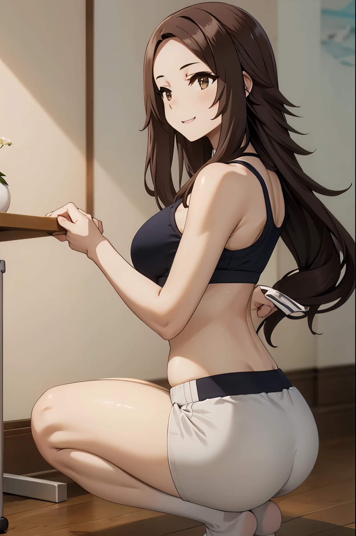 brown hair, brown eyes, long hair, looking at viewer, solo,forehead,masterpiece, best quality, photorealistic, yujiasuit, yoga sports bra, yoga pants, 1girl, solo, , yoga ball, pants, looking away, smile, green sports bra, simple background, , midriff, long hair, breasts, green pants, sportswear, tank top, upper body,Eager Pet Pose,((embarassed,blush))
