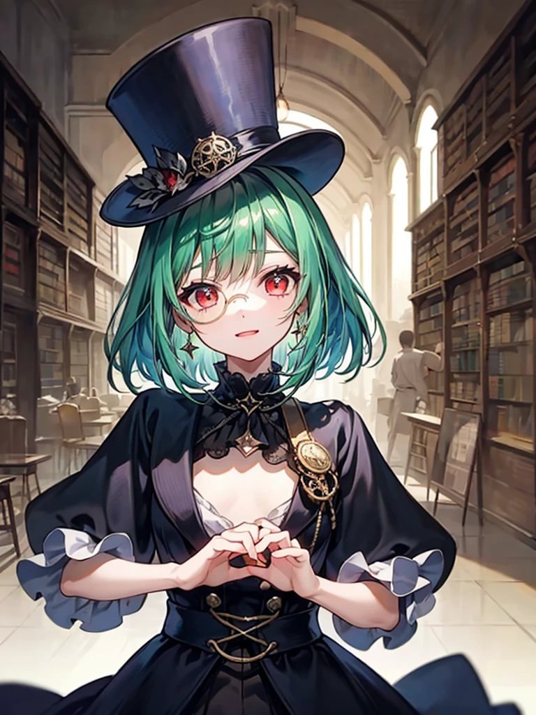 （（（masterpiece、Highest image quality、highest quality、highly detailed unity 8ｋwallpaper）））、（（Illustration of one girl、upper body））、（（（beautiful girl）））、（librarian）、（Emerald green hair、sidelocks：1.2、red eyes）、（（（crazy smile）））、（（（flat chest）））、（monocle）、pocket watch、（（（Black top hat、Black tuxedo）））、great medieval library