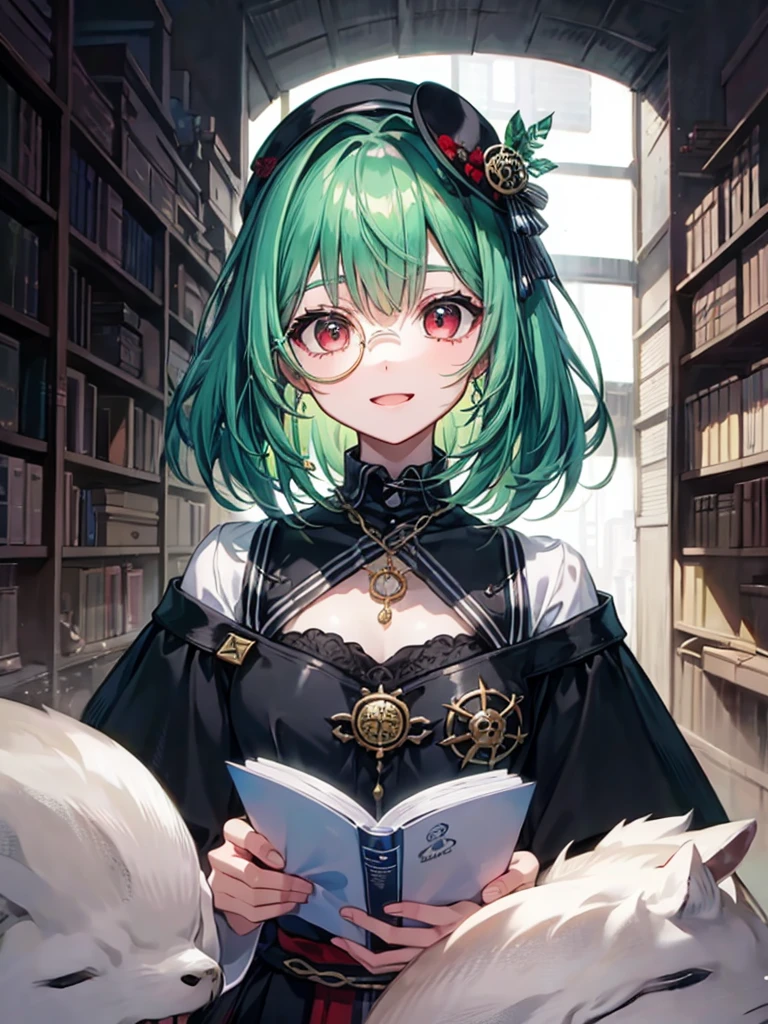 (((masterpiece、Highest image quality、highest quality、highly detailed unity 8kwallpaper)))、((Illustration of one girl、upper body))、(((beautiful girl)))、(librarian)、(Emerald green hair、sidelocks:1.2、red eyes)、(((crazy smile)))、(((flat chest)))、(monocle)、pocket watch、(((Black top hat、Black tuxedo)))、great medieval library