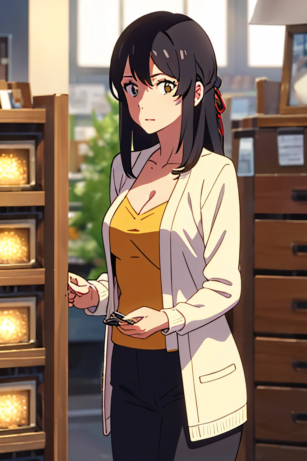 shinkai makoto, kimi no na wa., 1girl, bangs, black hair, brown eyes, twisted half up, red ribbon, long hair, long sleeve light yellow cardigan, open shirt, yellow shirt, cleavage, breast, medium breast, Orange shirt, name tag written "LUMINE Miyamizu", looking at the viewer, indoors, jewelry products, jewelry shop, jewelry saleswoman, indoors, mallmasterpiece, perfect anatomy, cowboyshot