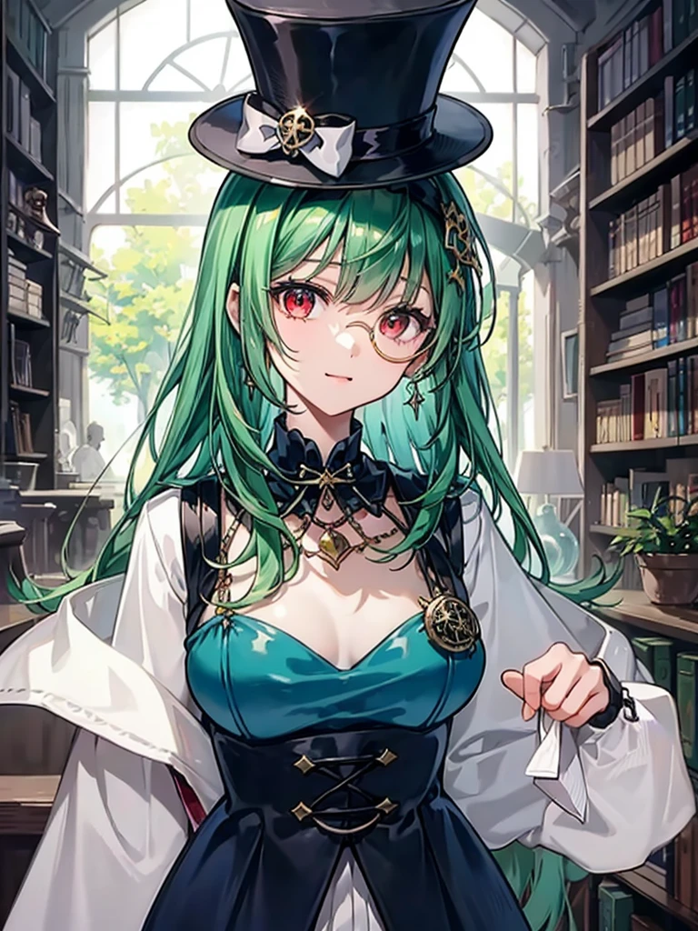 (((masterpiece、Highest image quality、highest quality、highly detailed unity 8kwallpaper)))、((Illustration of one girl、upper body))、(((beautiful girl)))、(librarian)、(Emerald green hair、sidelocks:1.2、red eyes)、(((crazy smile)))、(((flat chest)))、(monocle)、pocket watch、(((Black top hat、Black tuxedo)))、great medieval library