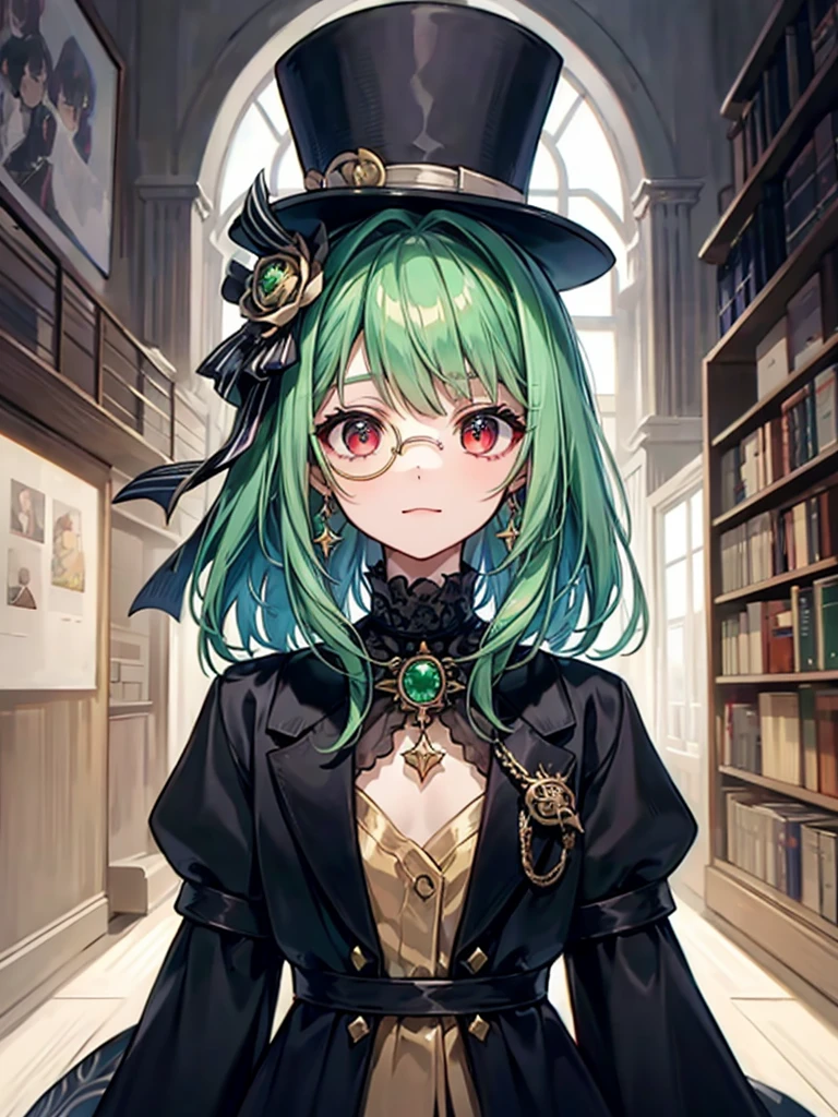 (((masterpiece、Highest image quality、highest quality、highly detailed unity 8kwallpaper)))、((Illustration of one girl、upper body))、(((beautiful girl)))、(librarian)、(Emerald green hair、sidelocks:1.2、red eyes)、(((crazy smile)))、(((flat chest)))、(monocle)、pocket watch、(((Black top hat、Black tuxedo)))、great medieval library